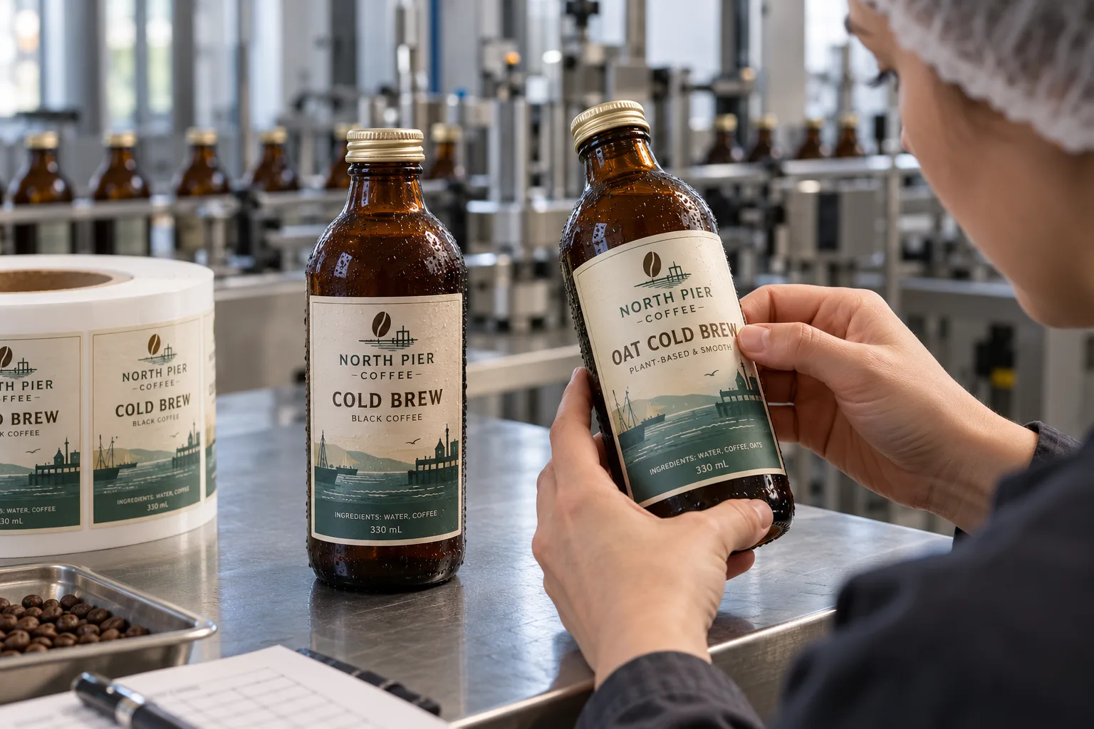 Original North Pier Coffee cold brew and oat cold brew labels on condensation-covered amber glass bottles