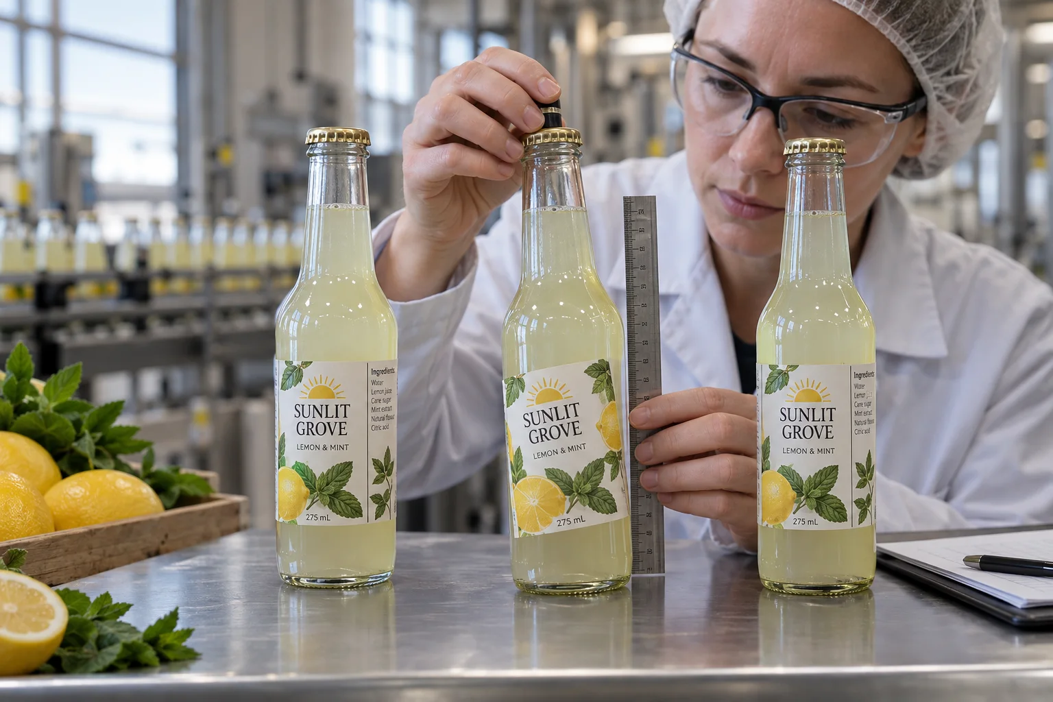 Illustrative line check of Sunlit Grove lemon and mint bottles, including one visibly skewed printed label beside straight controls