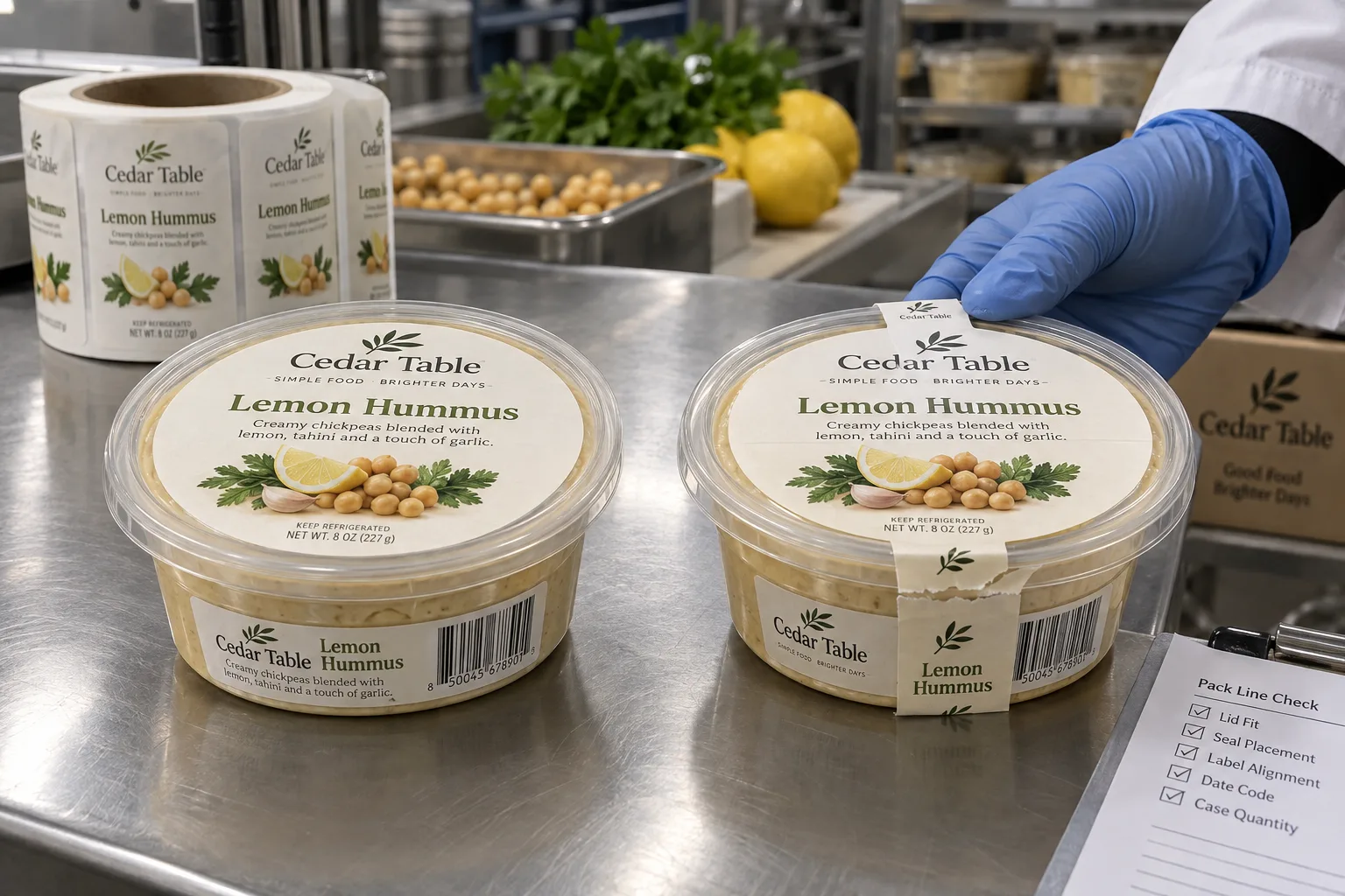 Cedar Table lemon hummus tubs showing a complete round lid label and a narrow printed bridge strip across the lid rim