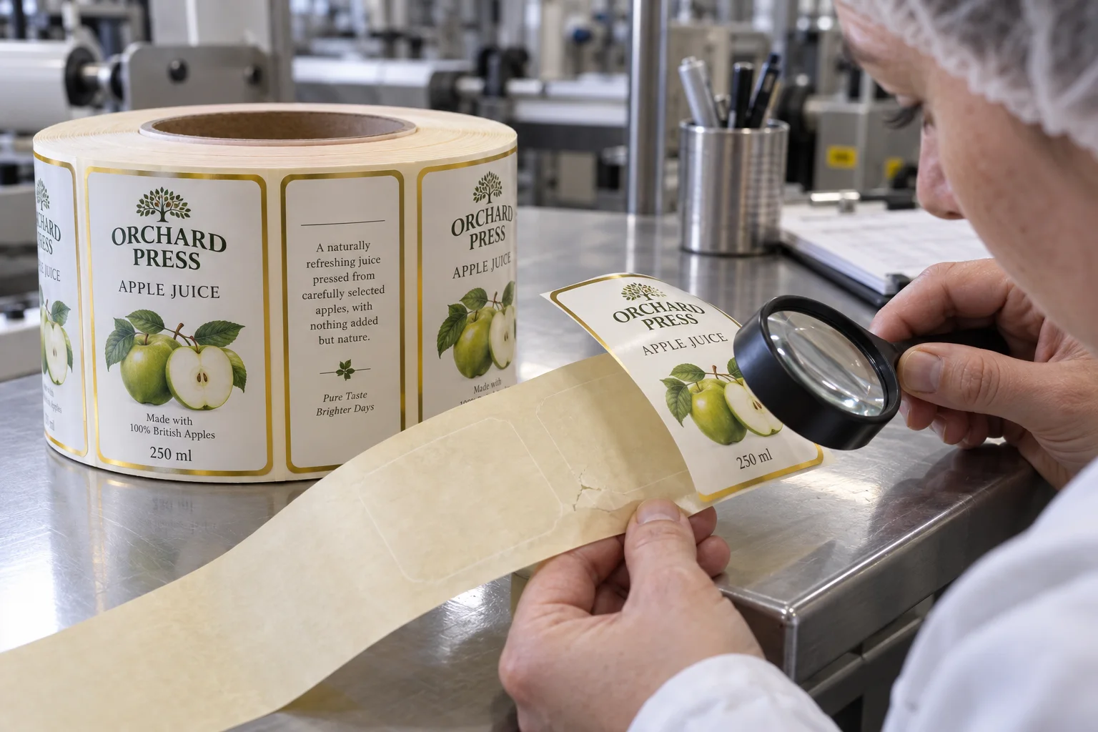 Apple juice label roll with complete apple artwork beside a lifted label and damaged release liner under magnifier inspection