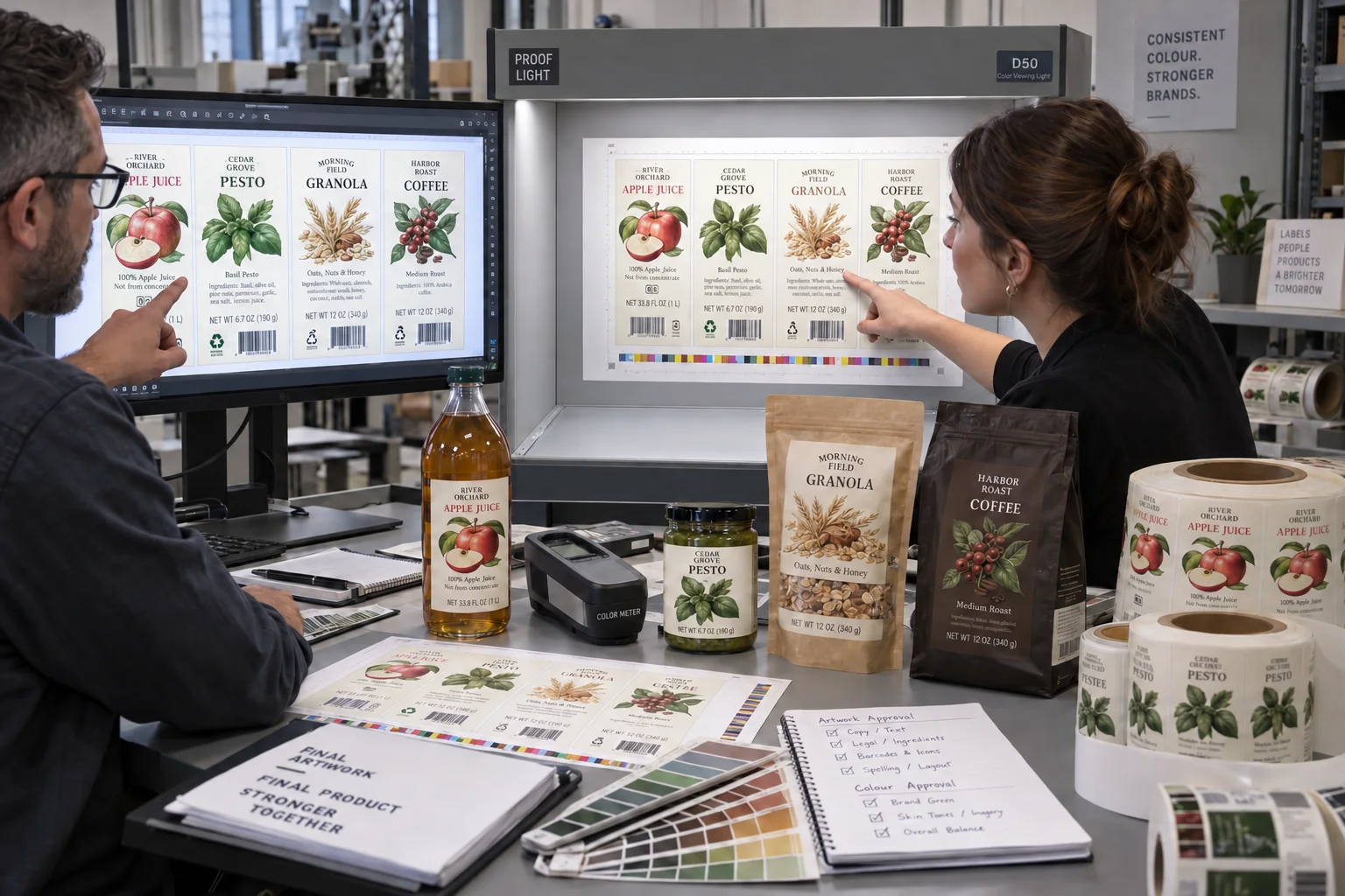 Prepress team comparing complete food and beverage label artwork on a monitor, color-managed physical proof and final labeled products