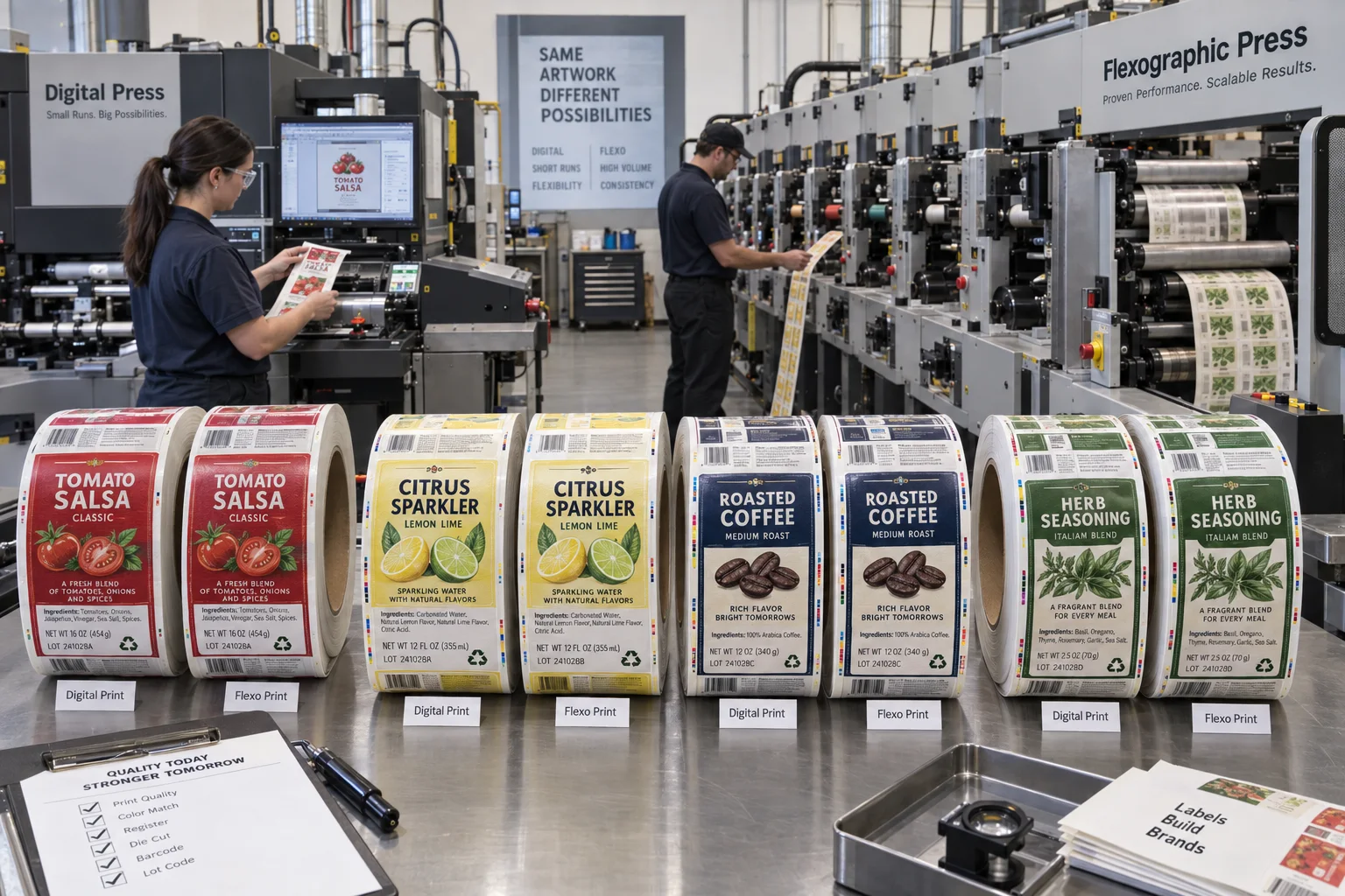 Digital and flexographic label presses producing complete salsa, beverage, coffee and seasoning labels with product artwork and barcodes