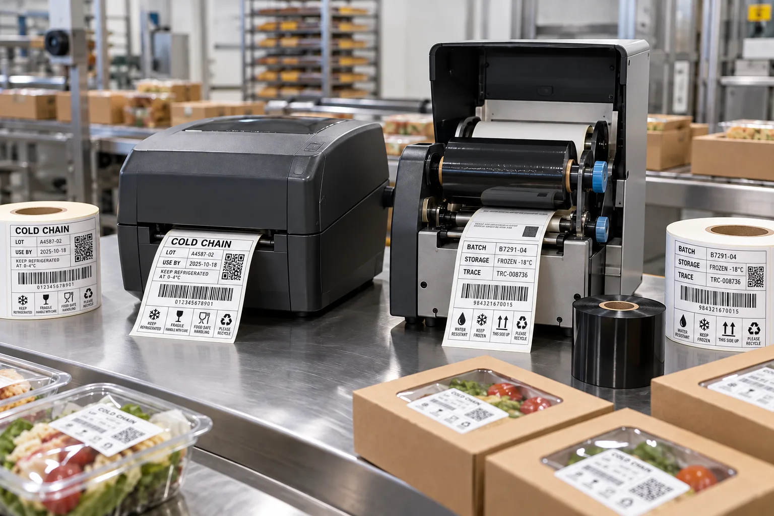 Direct thermal and thermal transfer printers producing complete cold-chain and traceability labels