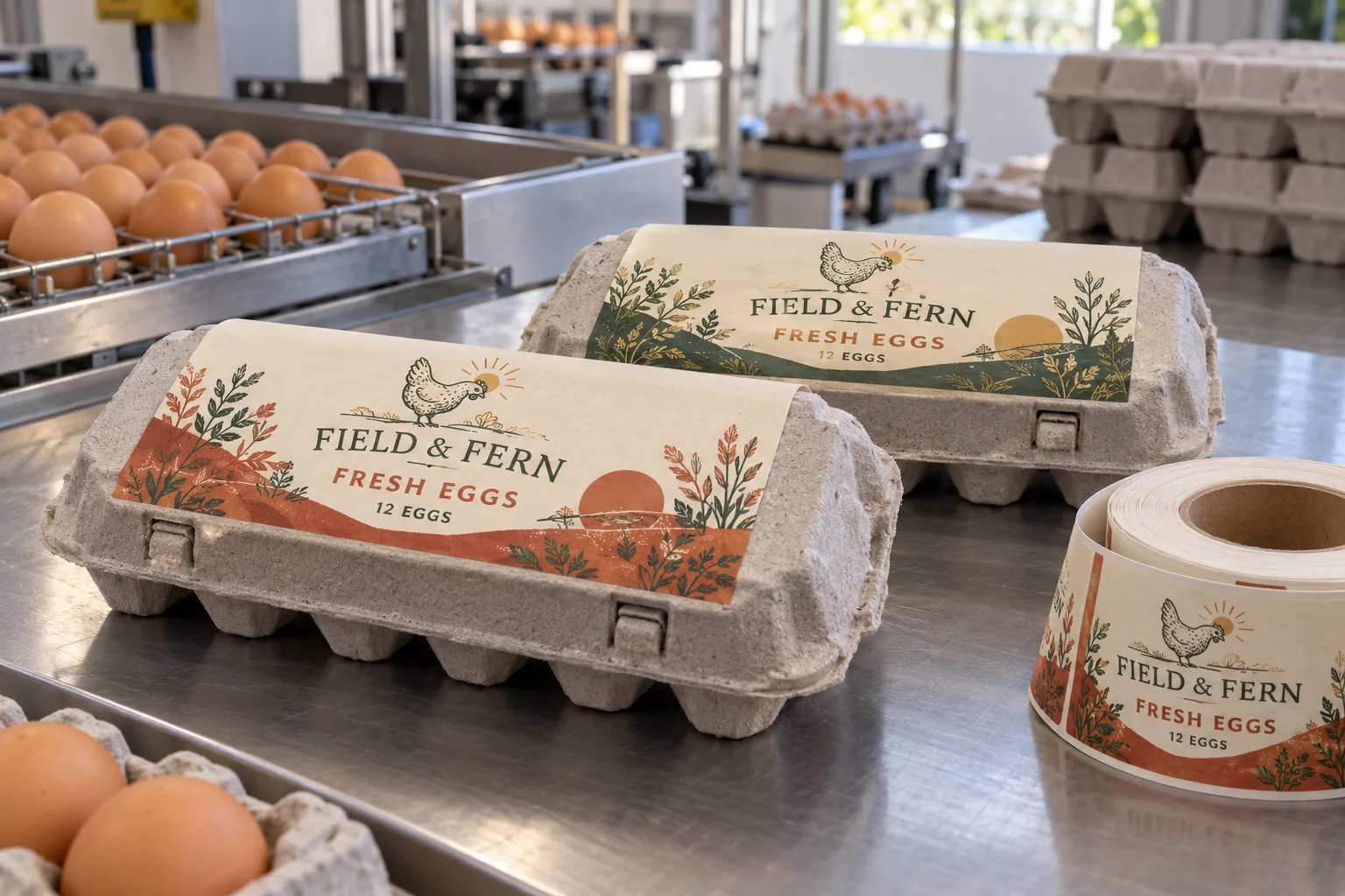 Original Field and Fern illustrated fresh egg labels applied to rough molded-fiber cartons beside a printed label roll
