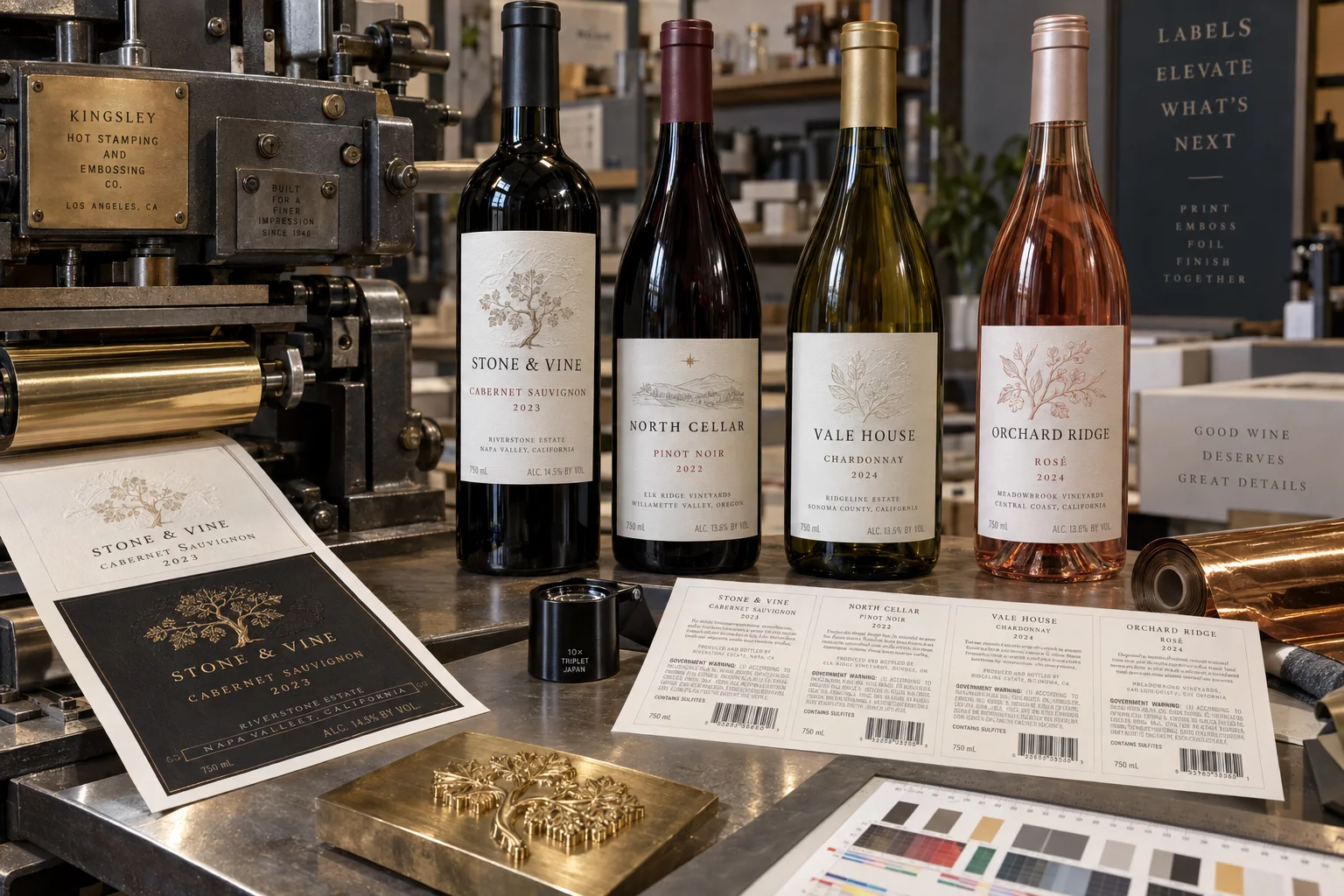 Four complete fictional wine bottles with embossed crests, hot foil details, textured paper, back labels and realistic regulatory copy