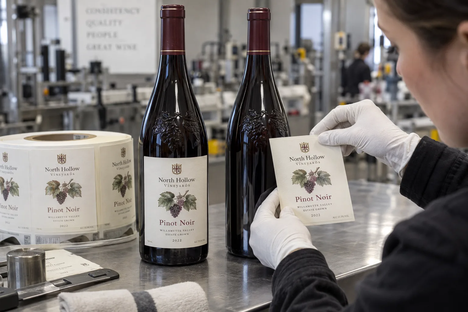 Technician comparing complete North Hollow Pinot Noir labels against the smooth panels of embossed glass wine bottles