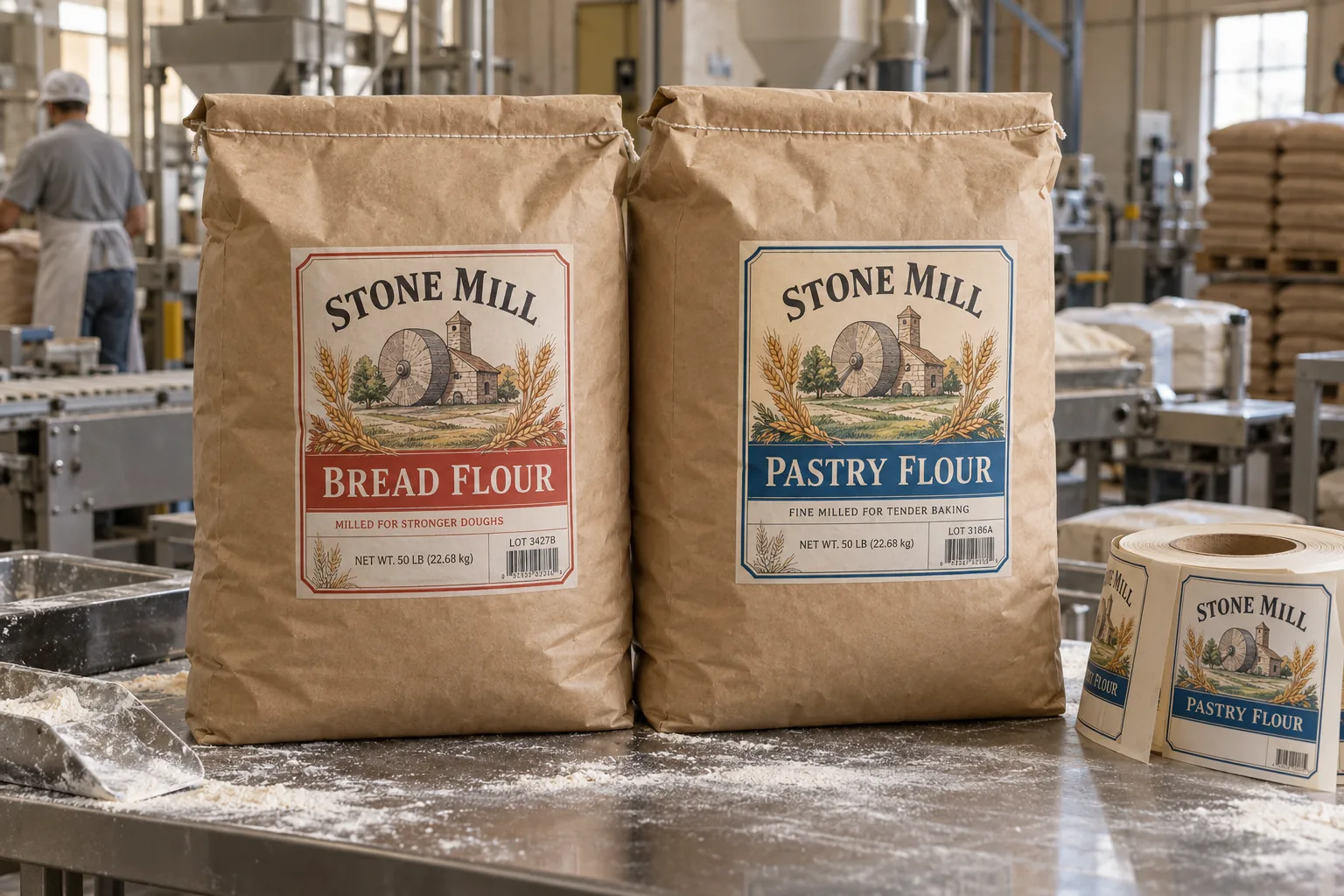 Original Stone Mill bread and pastry flour labels on stitched kraft paper sacks in a flour packing room