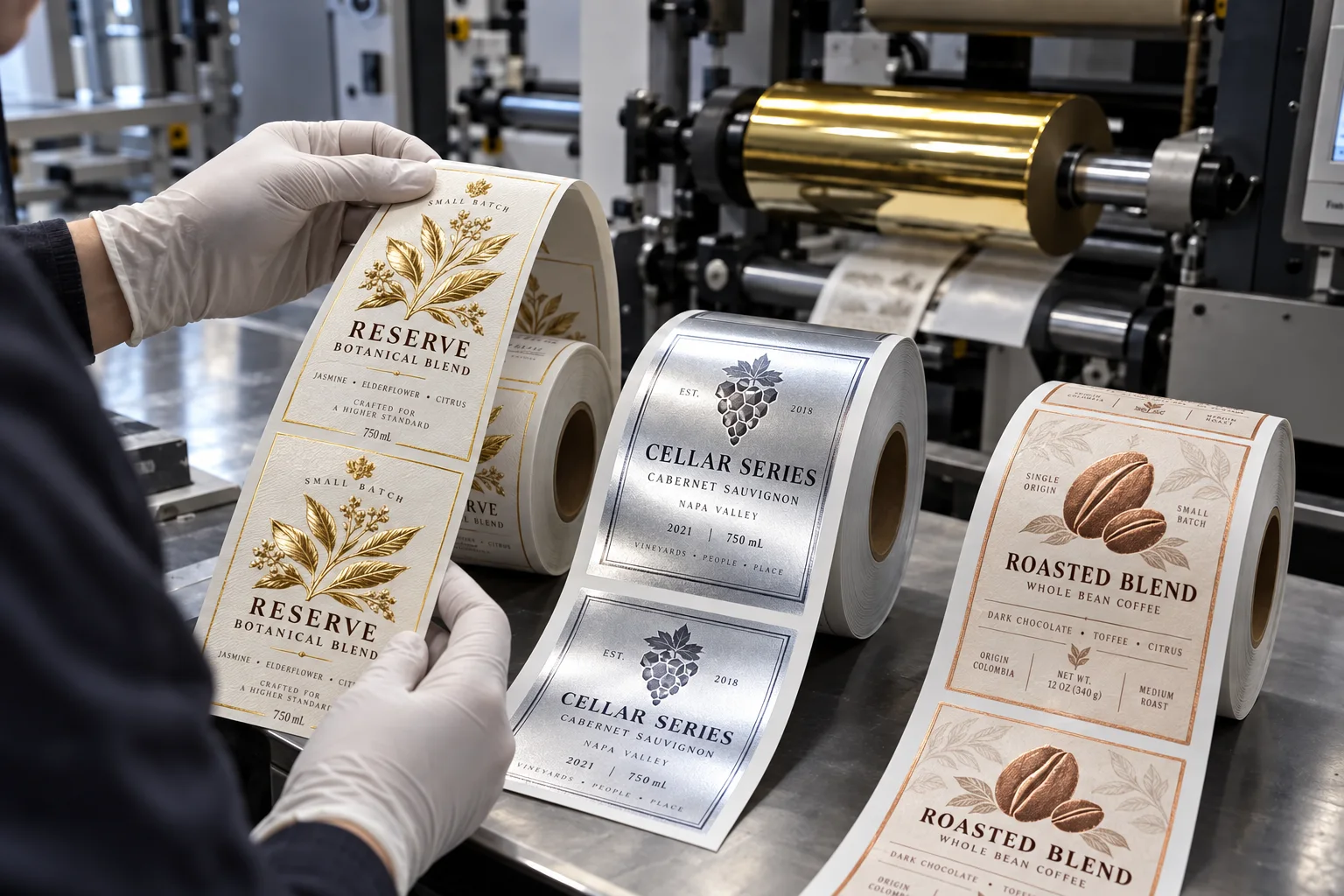 Factory inspection of complete botanical, wine and coffee labels using gold foil, silver foil and metallic ink
