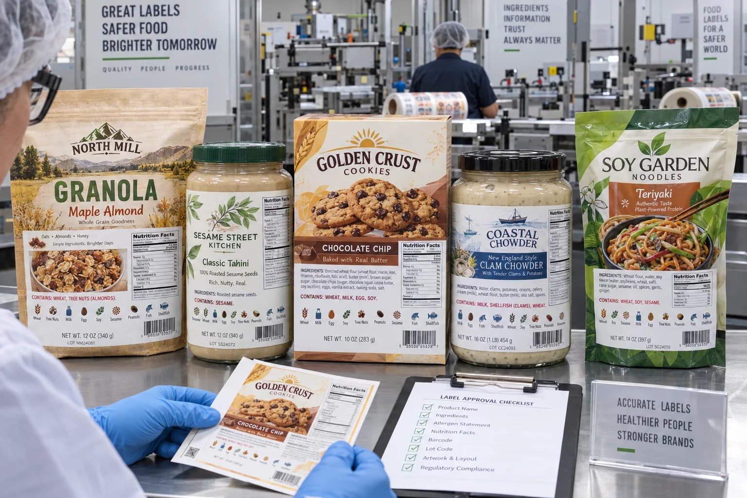 Food packaging proof desk with fully designed granola, tahini, cookie, chowder and noodle labels showing ingredient panels and allergen icons
