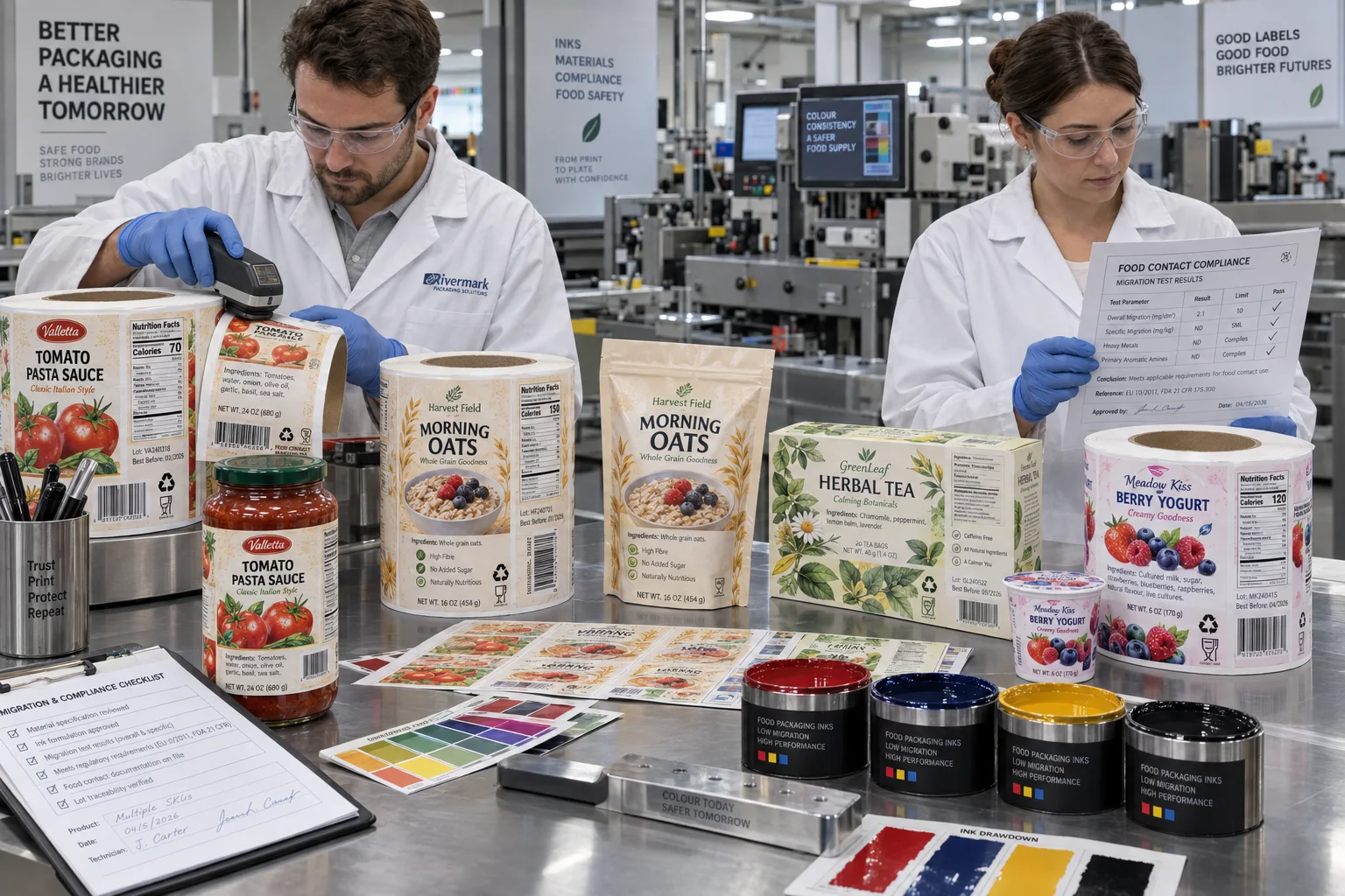 Packaging laboratory checking complete pasta sauce, oats, tea and yogurt labels with food-contact ink documentation and finished retail graphics