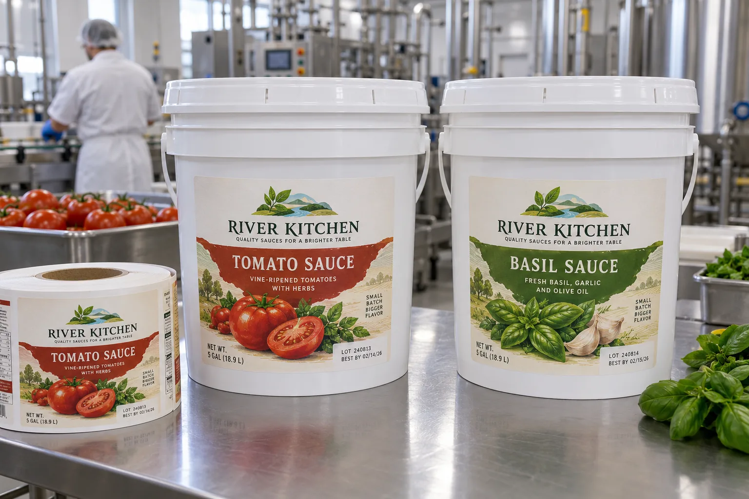 Original River Kitchen tomato and basil sauce labels on large white HDPE foodservice pails beside a printed label roll