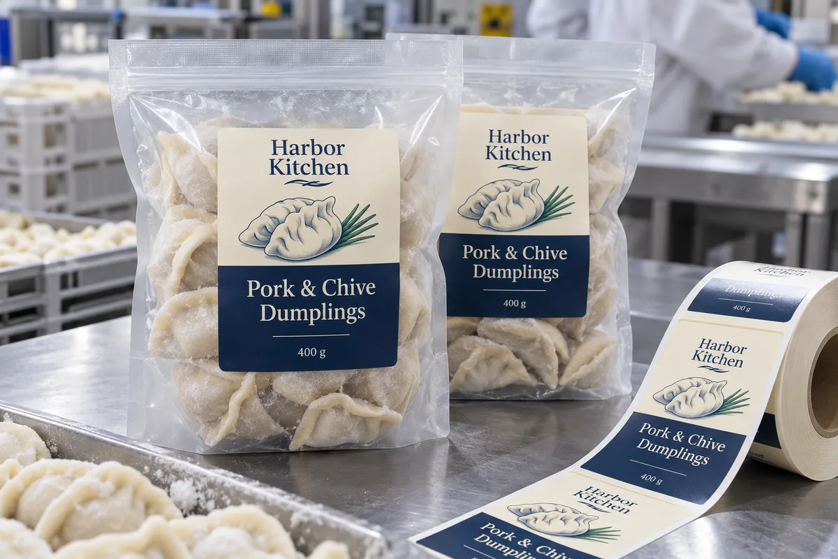 Fictional Harbor Kitchen pork and chive dumpling labels on clear frozen-food bags beside a matching printed roll