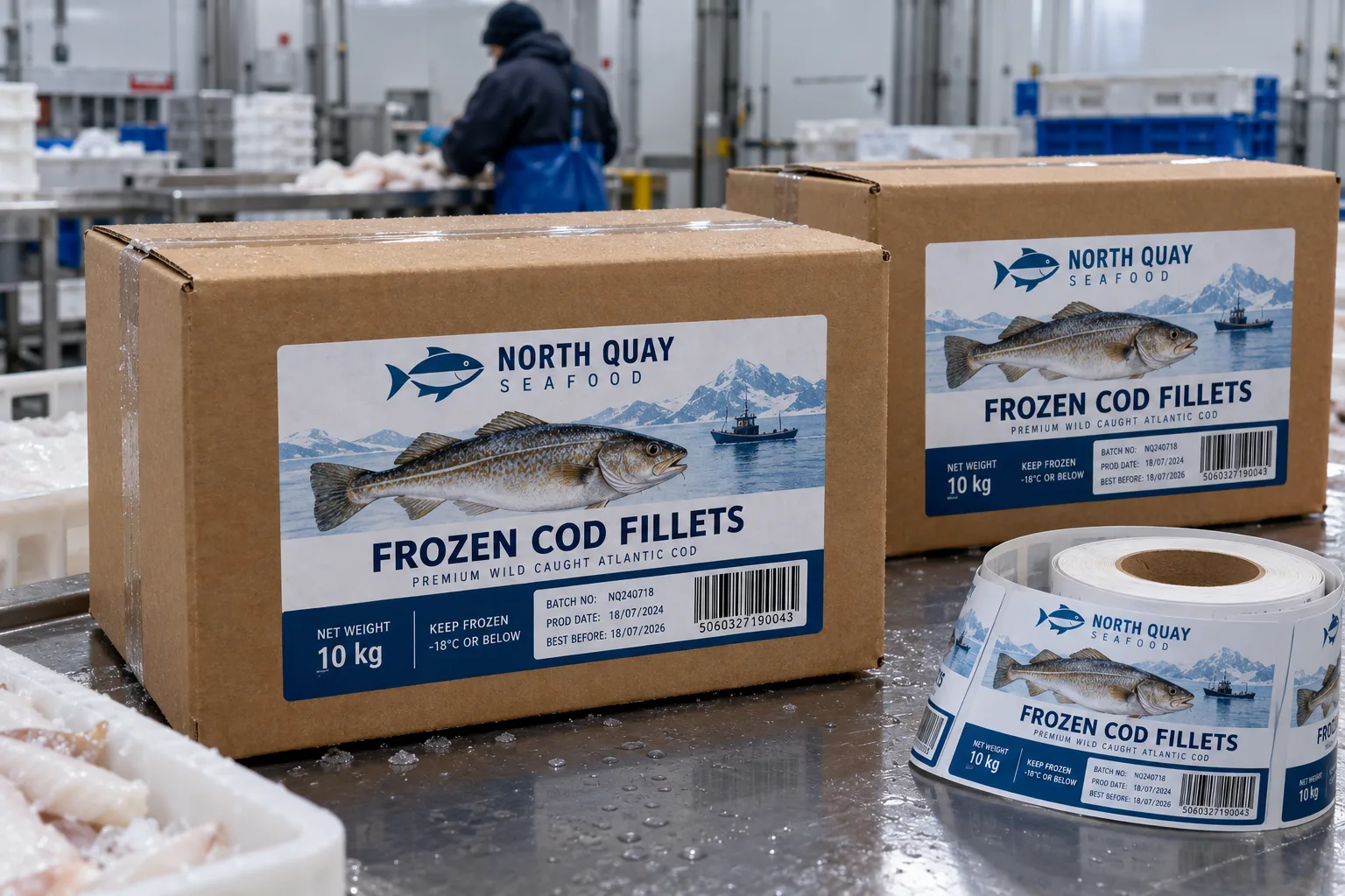 Fictional North Quay Seafood frozen cod shipping labels with blue fish illustration and barcode field on corrugated cartons beside a printed roll