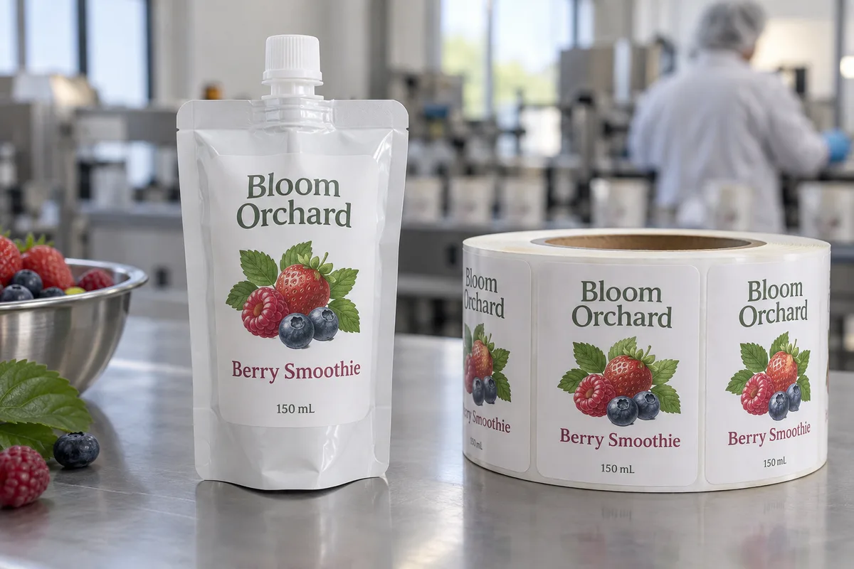 Fictional Bloom Orchard berry smoothie label applied below a spout on a flexible pouch beside its matching printed label roll