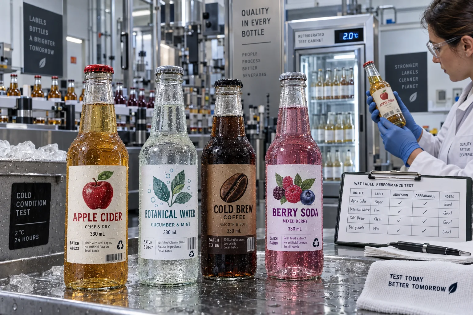 Complete apple cider, botanical water, cold brew and berry soda labels on condensation-covered glass bottles during factory quality inspection