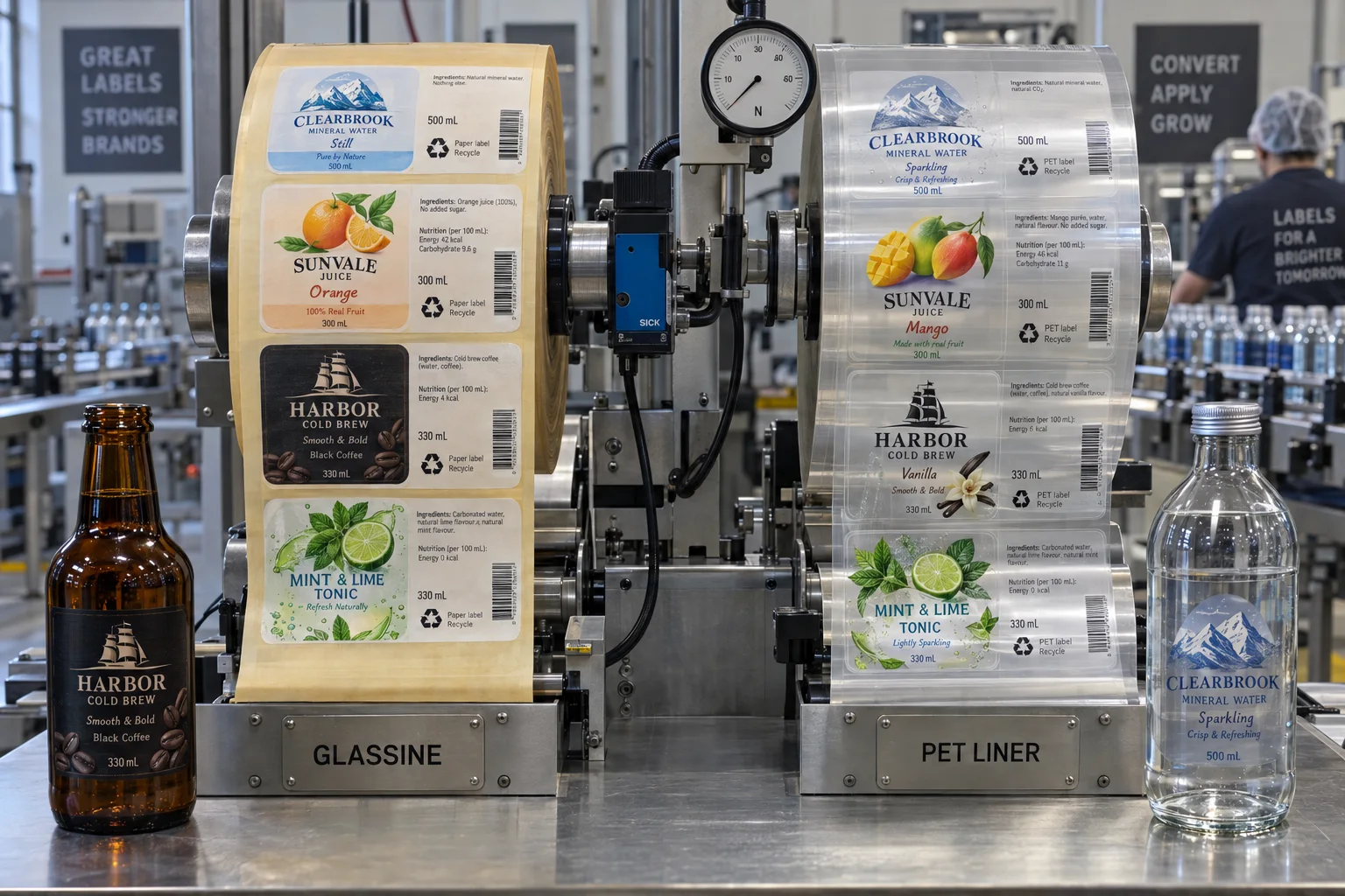 Side-by-side glassine and clear PET release liner rolls carrying complete beverage labels on a factory inspection table
