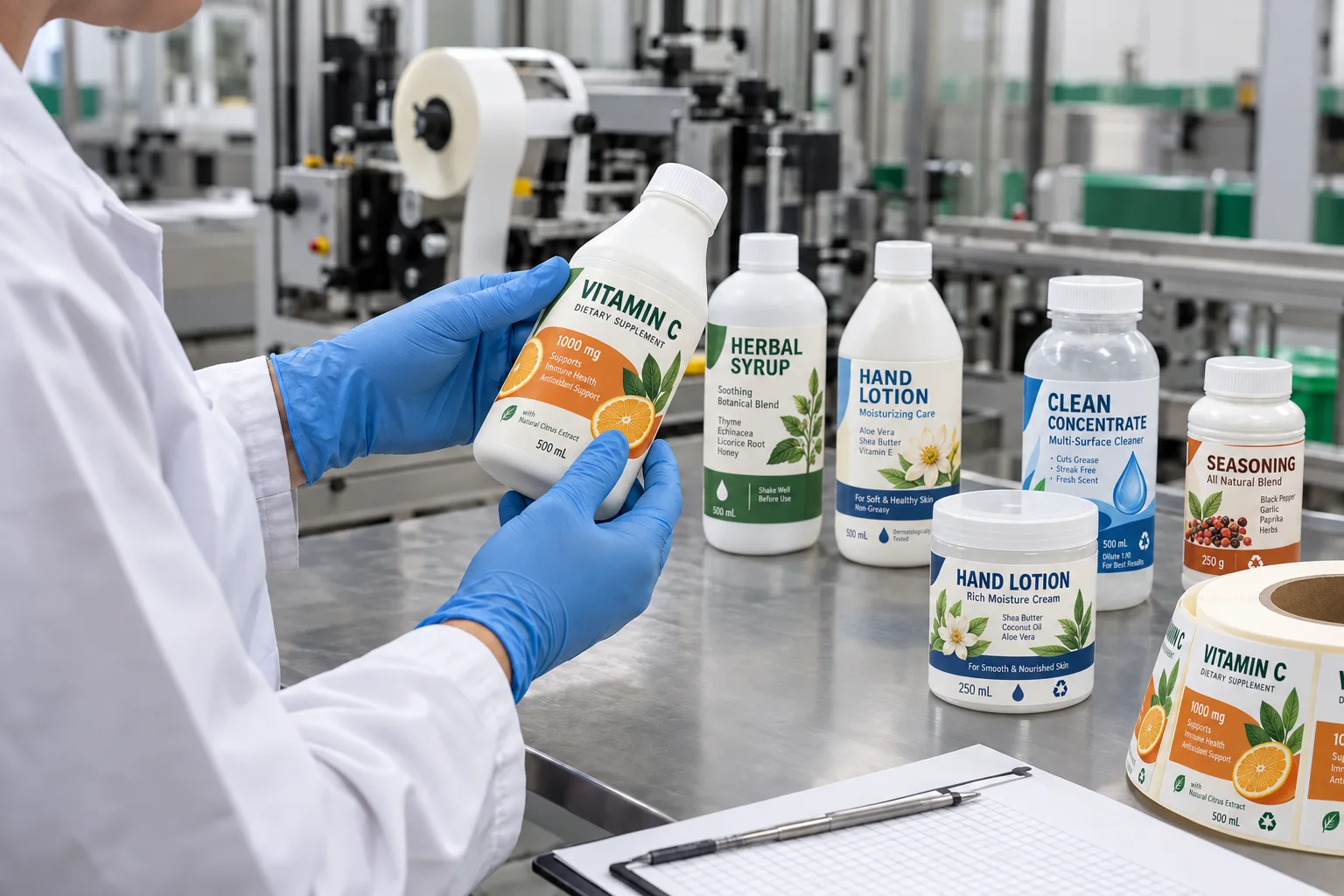 Factory technician inspecting fully designed labels with product icons on HDPE bottles and PP jars