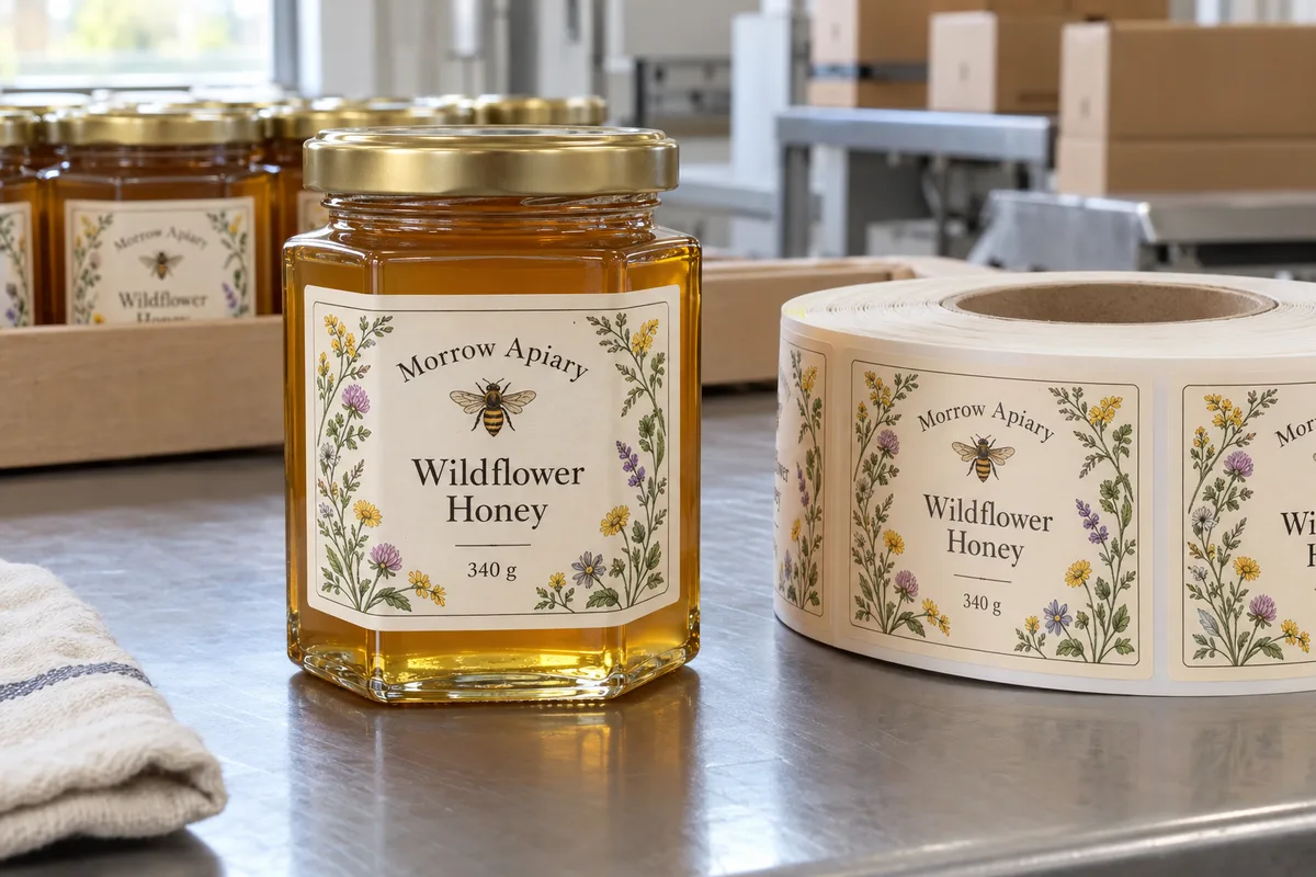 Fictional Morrow Apiary wildflower honey label on a faceted jar beside a matching printed label roll