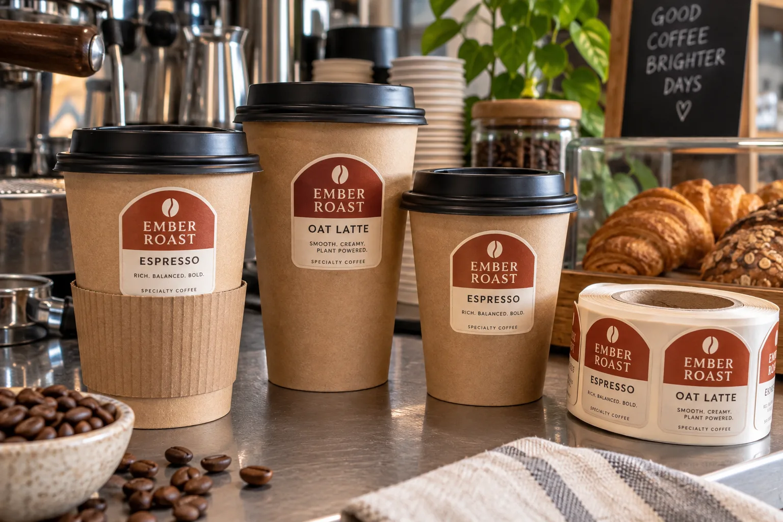 Fictional Ember Roast espresso and oat latte labels on tapered kraft takeaway cups above a protective sleeve beside a printed label roll