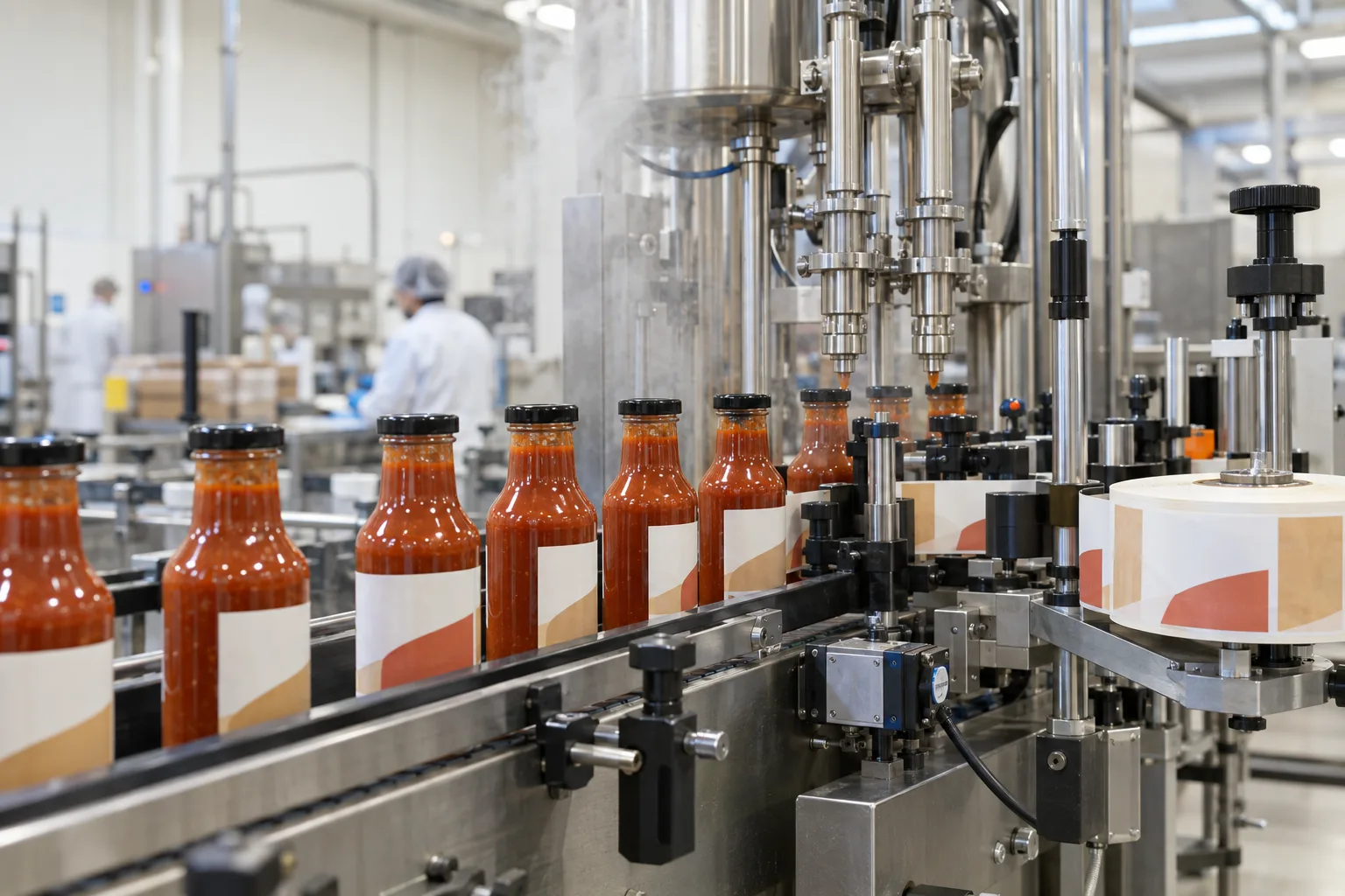 Hot-fill sauce bottles moving through a realistic factory labeling line