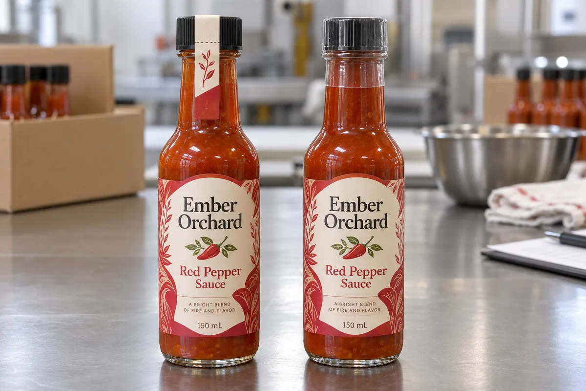 Fictional Ember Orchard hot sauce bottles comparing a printed cap-to-neck strip and a clear shrink band above complete front labels