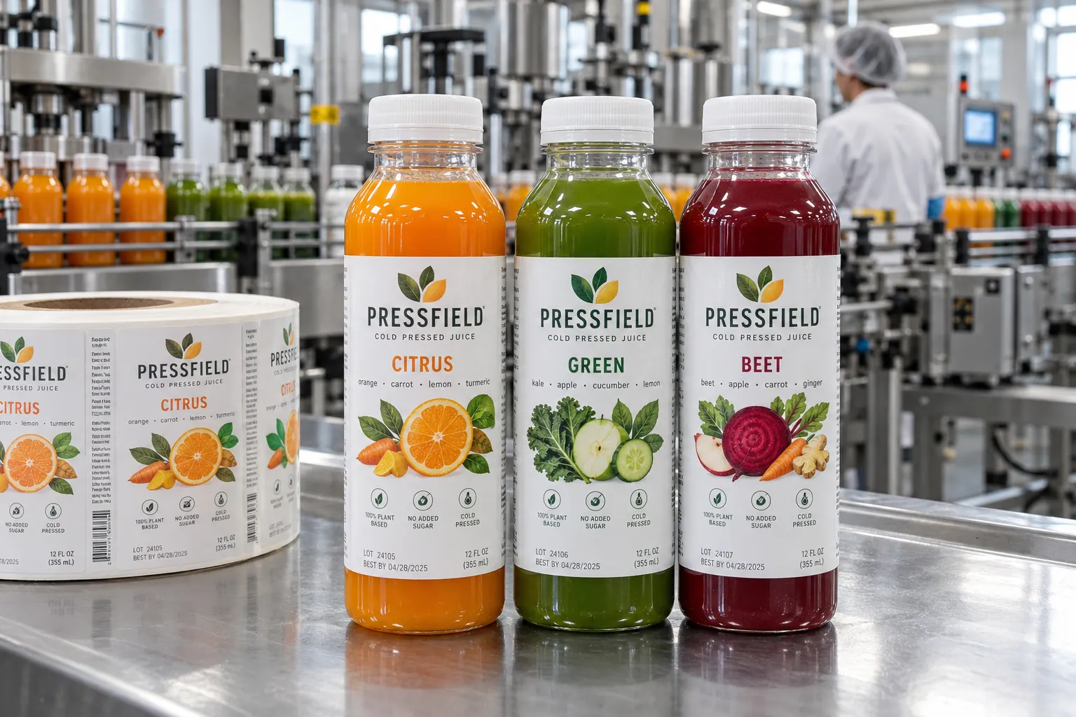 Fictional Pressfield citrus, green and beet juices in PET bottles with illustrated printed labels and a matching label roll on a factory line