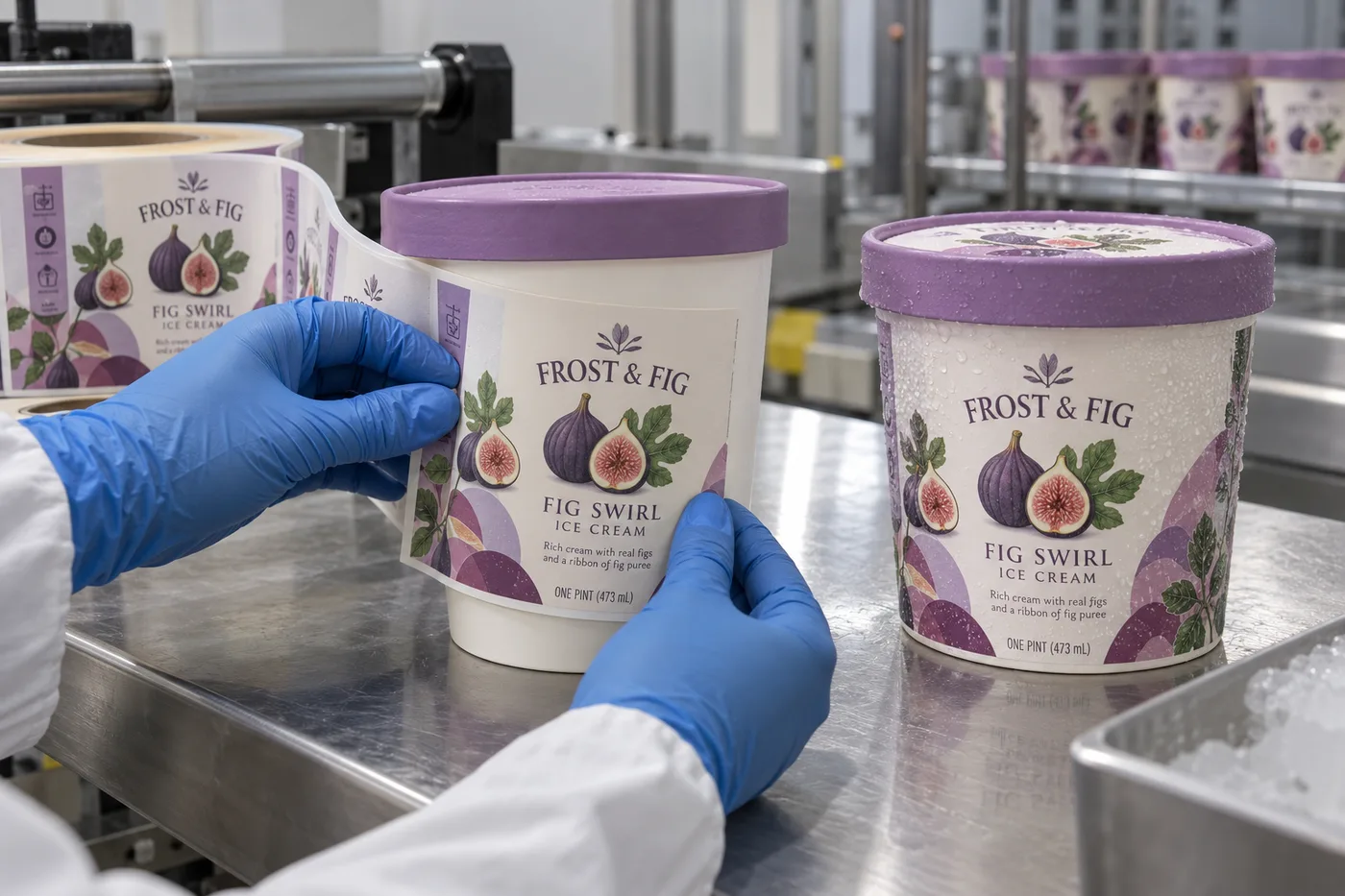 Fully illustrated Frost and Fig ice cream pint labels being applied to paperboard tubs on a packing bench