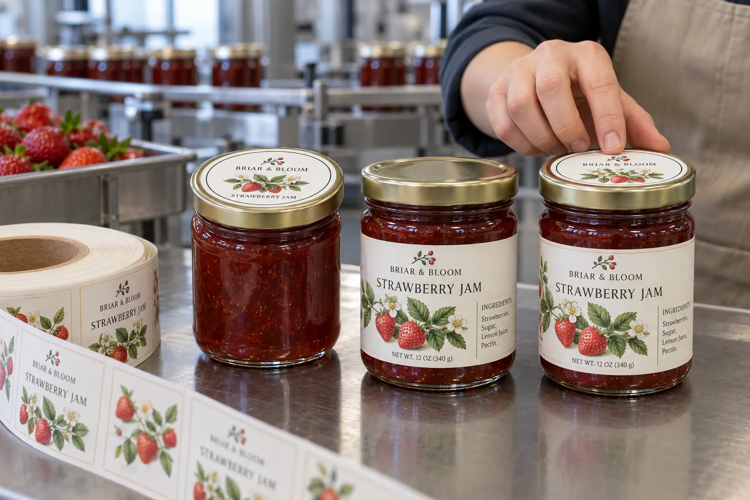 Briar and Bloom strawberry jam jars comparing a round lid label, a sidewall label and a coordinated two-label set