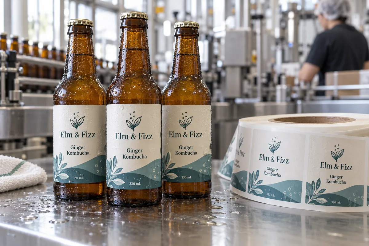 Fictional Elm and Fizz ginger kombucha labels on wet amber glass bottles beside a matching printed label roll