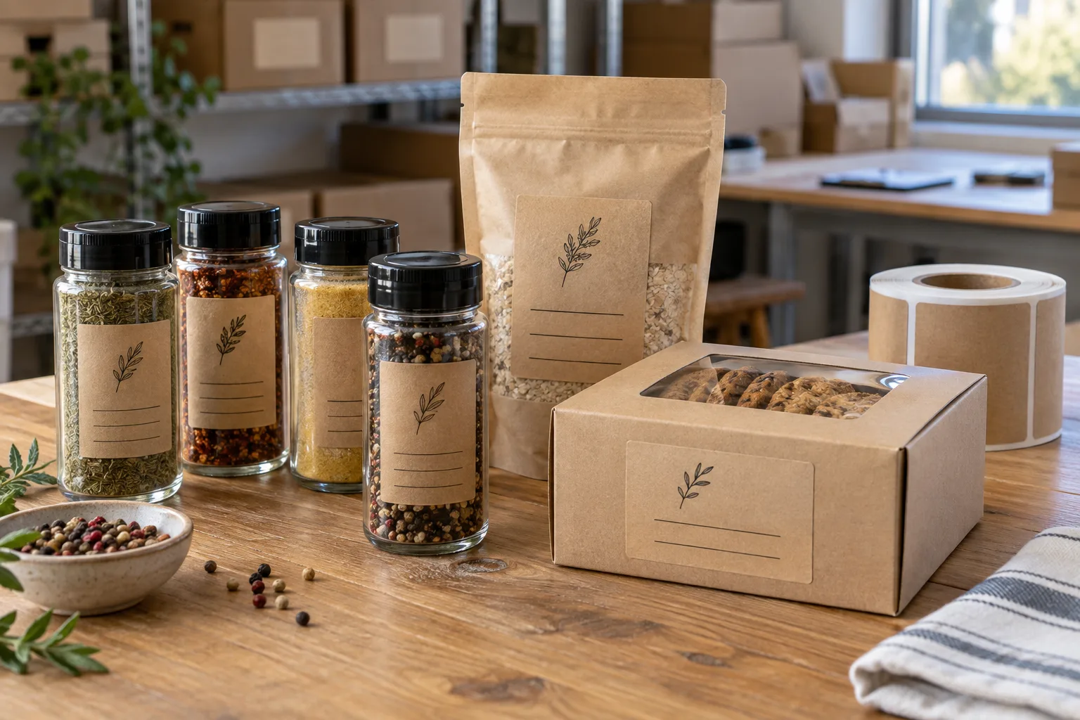 Kraft paper labels on spice jars, a food pouch and bakery packaging