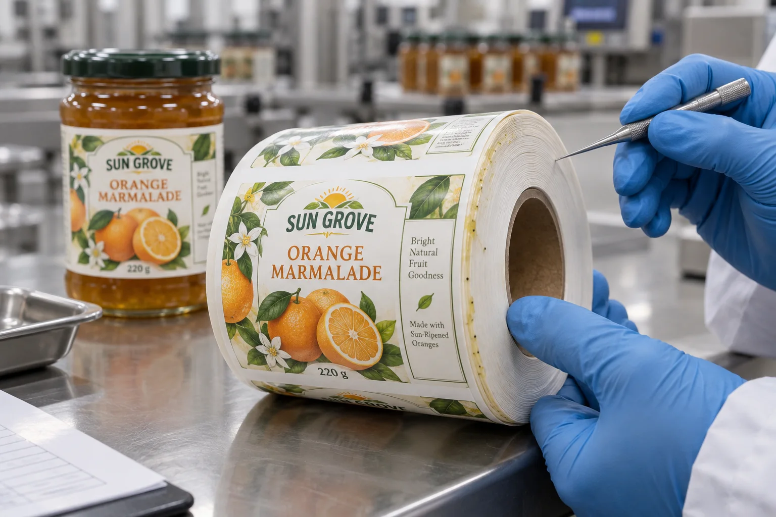 Orange marmalade label roll with detailed fruit graphics and a thin sticky residue at its side edge under inspection