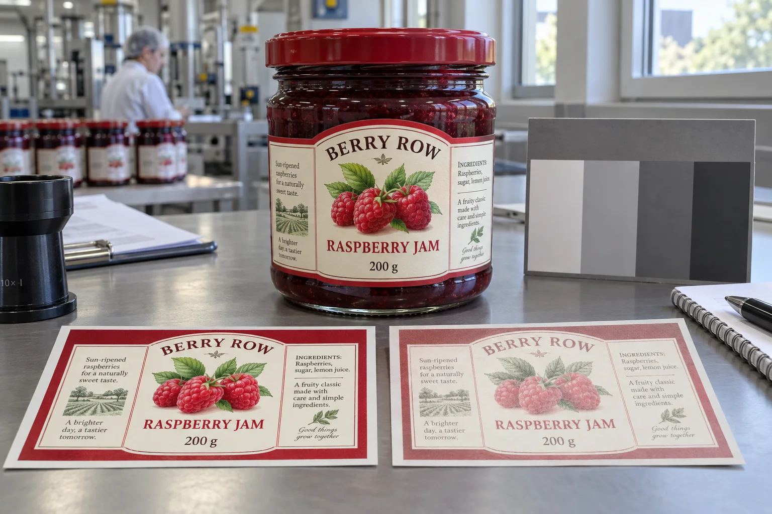 Raspberry jam label samples with full fruit artwork comparing rich print and simulated faded print beside a matching jar