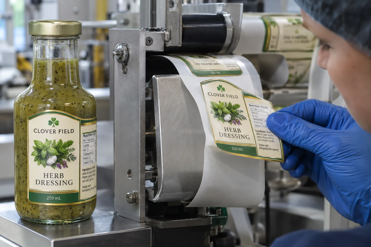 Illustrative peel-plate check of fully printed Clover Field herb dressing labels separating from a liner beside a labeled glass bottle