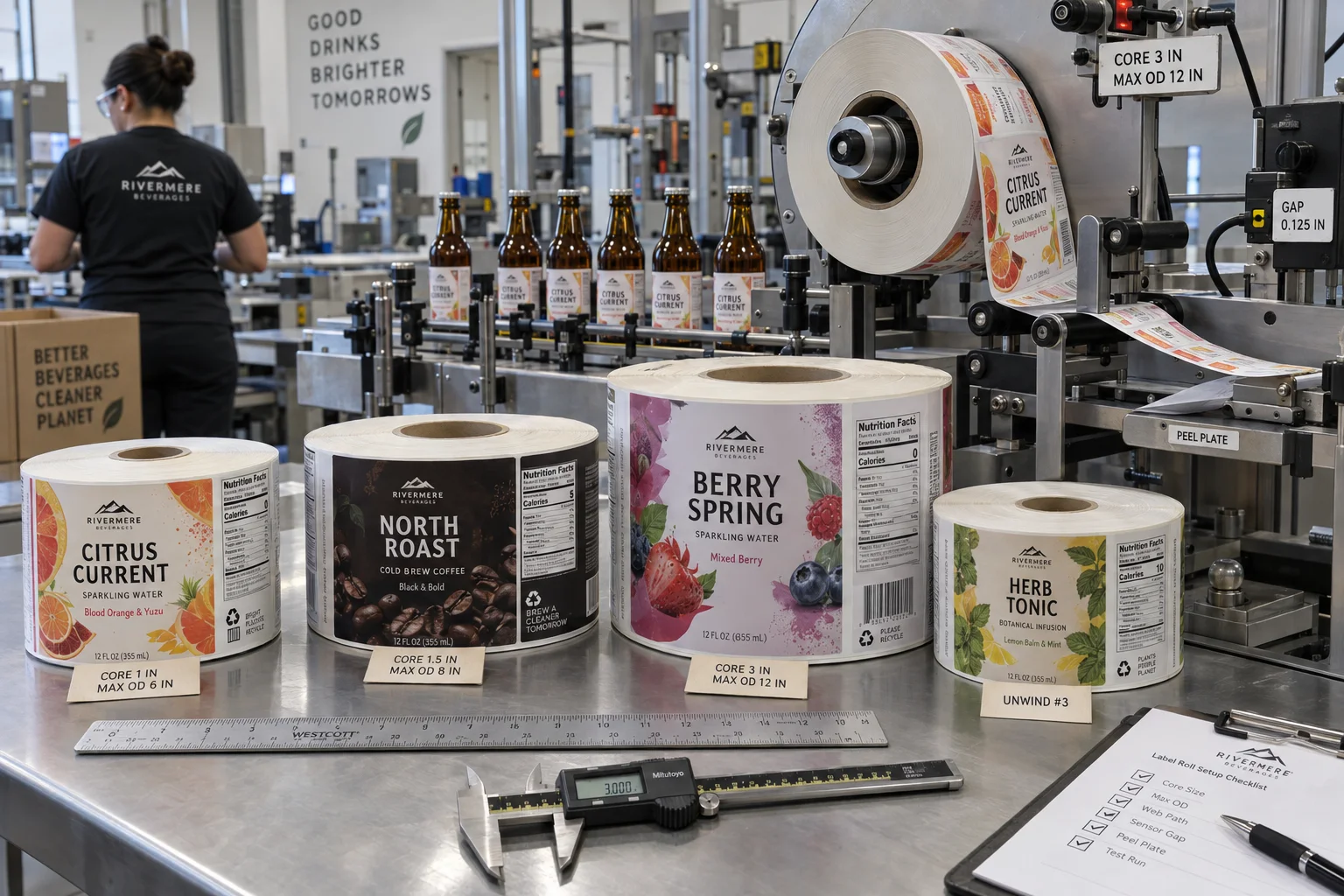 Factory label applicator beside complete beverage label rolls with different core diameters and outside diameters