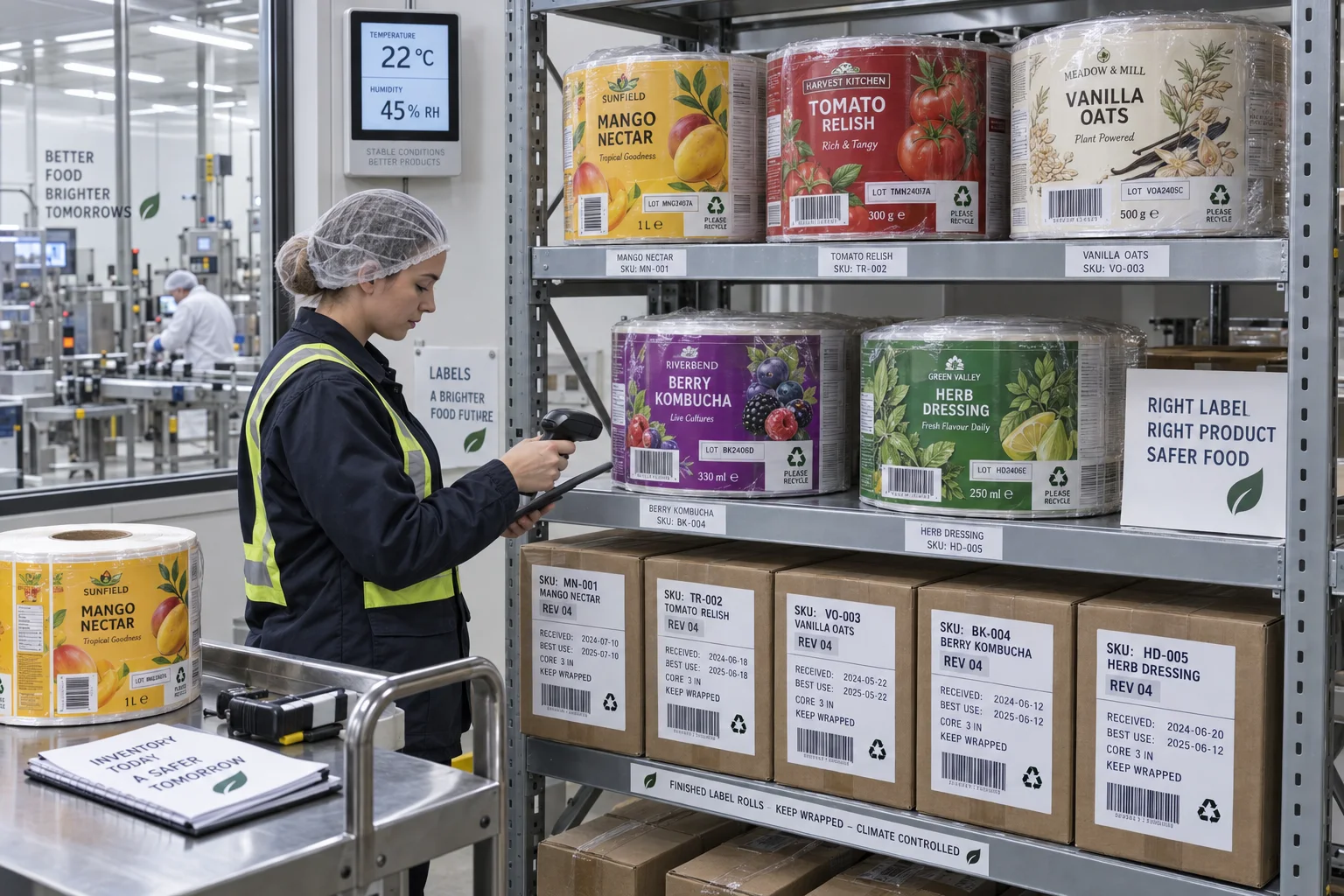 Climate-controlled label roll warehouse with complete mango, relish, oats, kombucha and dressing artwork, SKU revision labels and humidity monitoring