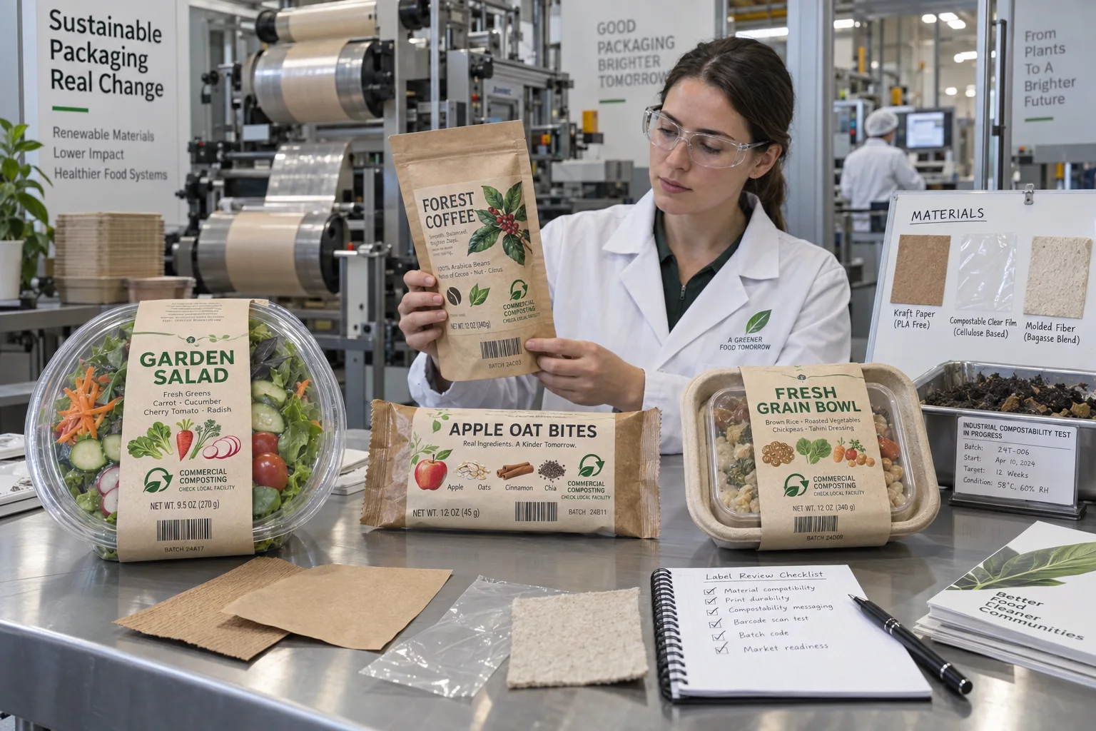 Factory engineer reviewing fully designed salad, coffee, snack and grain bowl labels on compostable packaging materials
