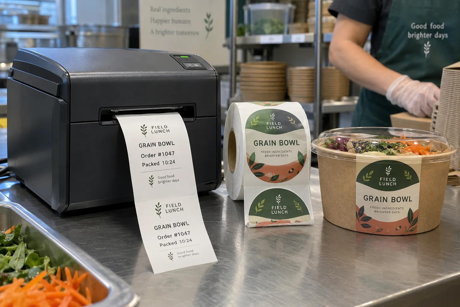 Takeaway packing counter comparing complete Field Lunch linerless thermal order labels with separate fully printed die-cut food labels on a release liner
