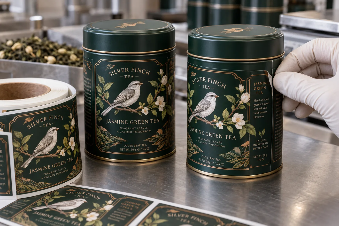 Illustrated Silver Finch jasmine tea labels wrapped around dark green coated metal tins beside a printed label roll