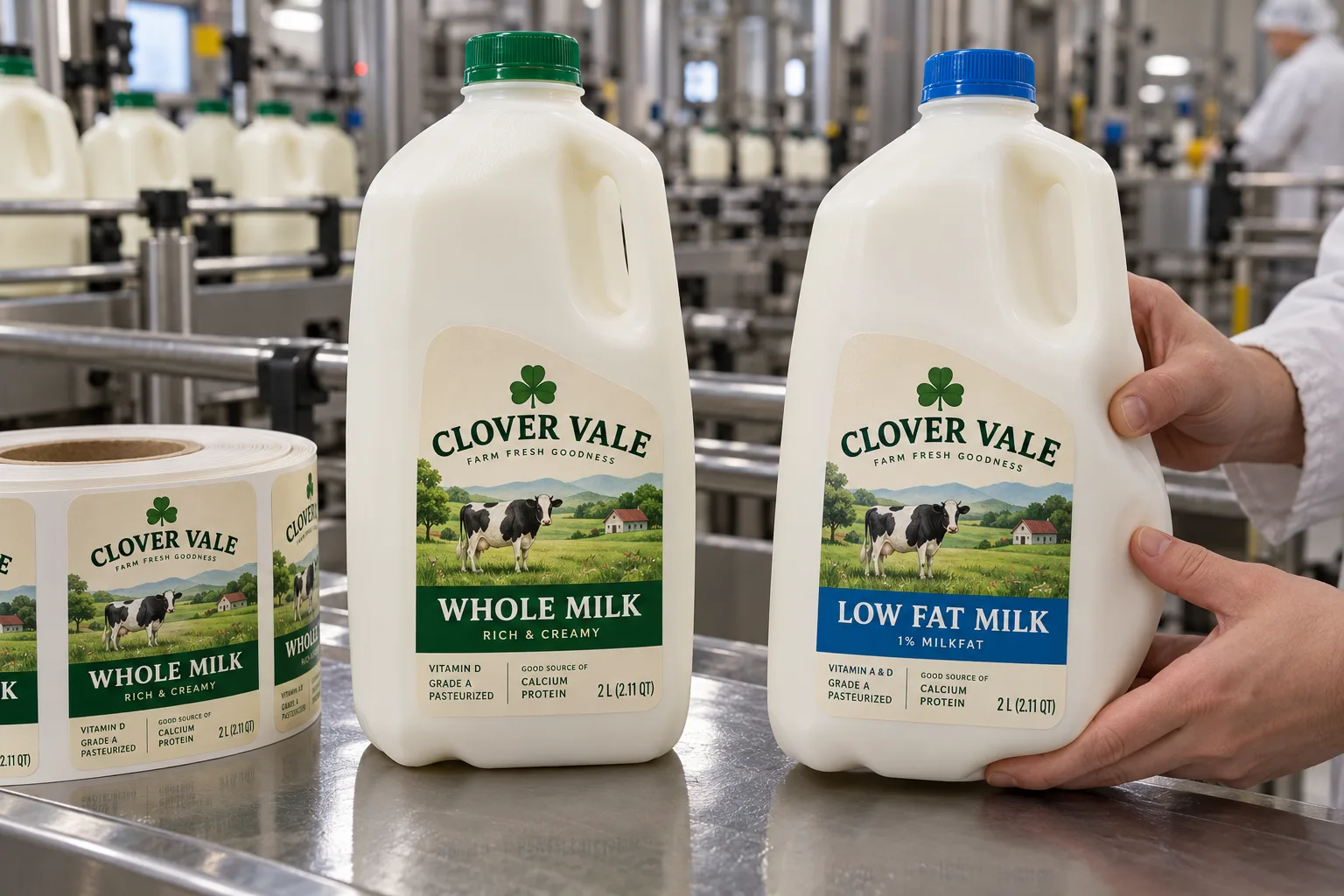 Fully illustrated Clover Vale whole and low-fat milk labels on flexible two-liter HDPE jugs at a dairy bottling line