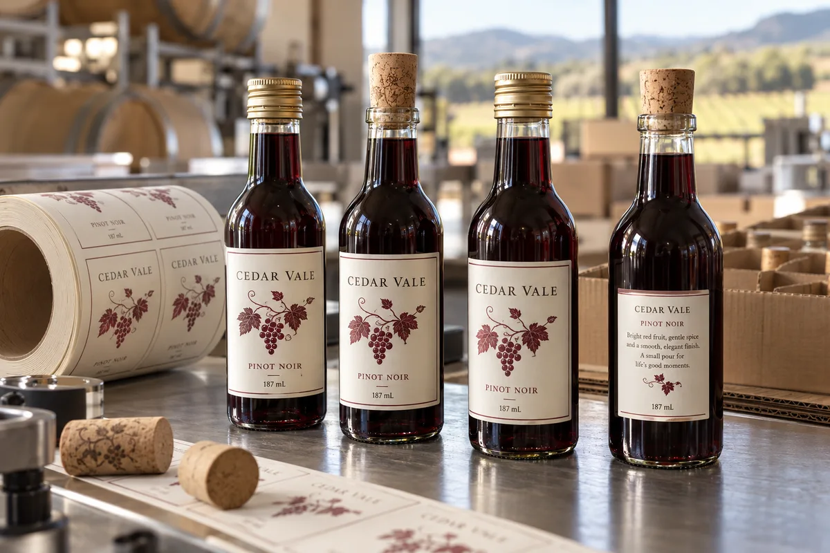 Fictional Cedar Vale Pinot Noir labels on 187 mL miniature wine bottles with a matching printed label roll