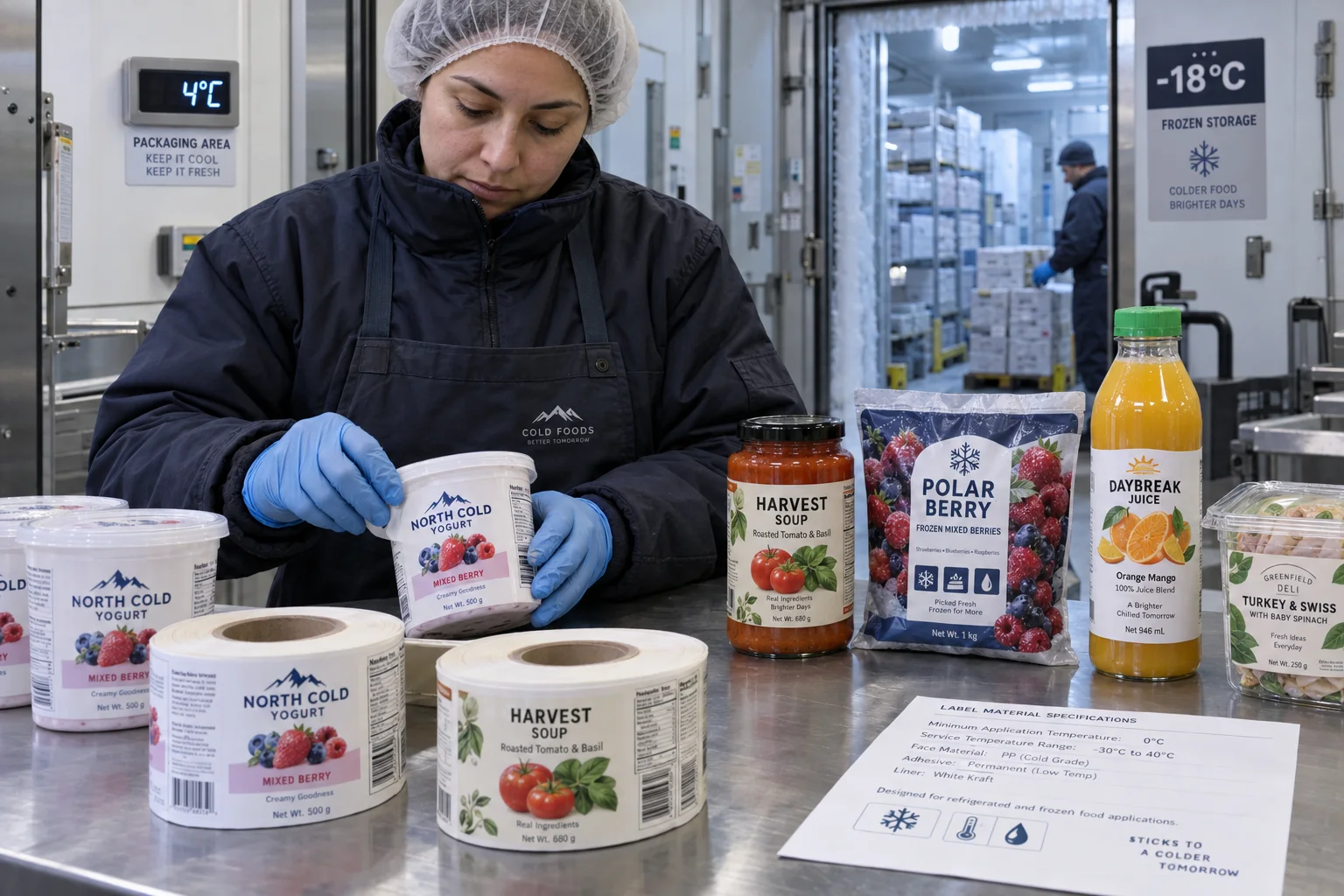 Cold-room operator applying complete retail labels to chilled yogurt beside labeled soup, frozen berries, juice and deli products