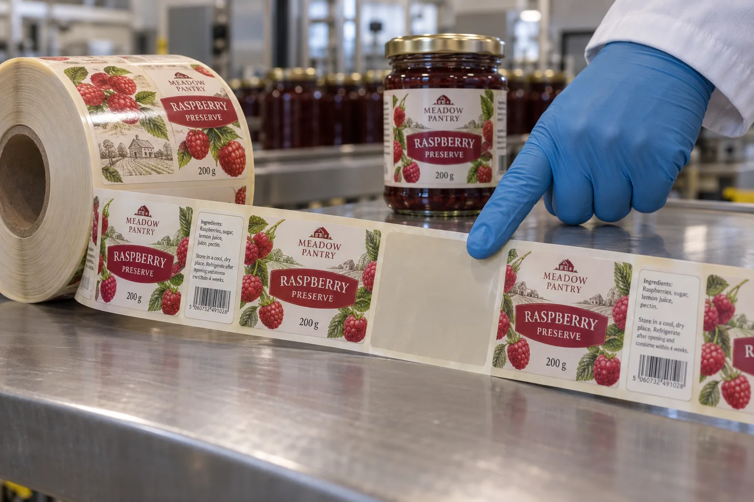 Illustrative raspberry preserve label roll with complete Meadow Pantry artwork and one bare-liner gap under inspection beside a branded jar