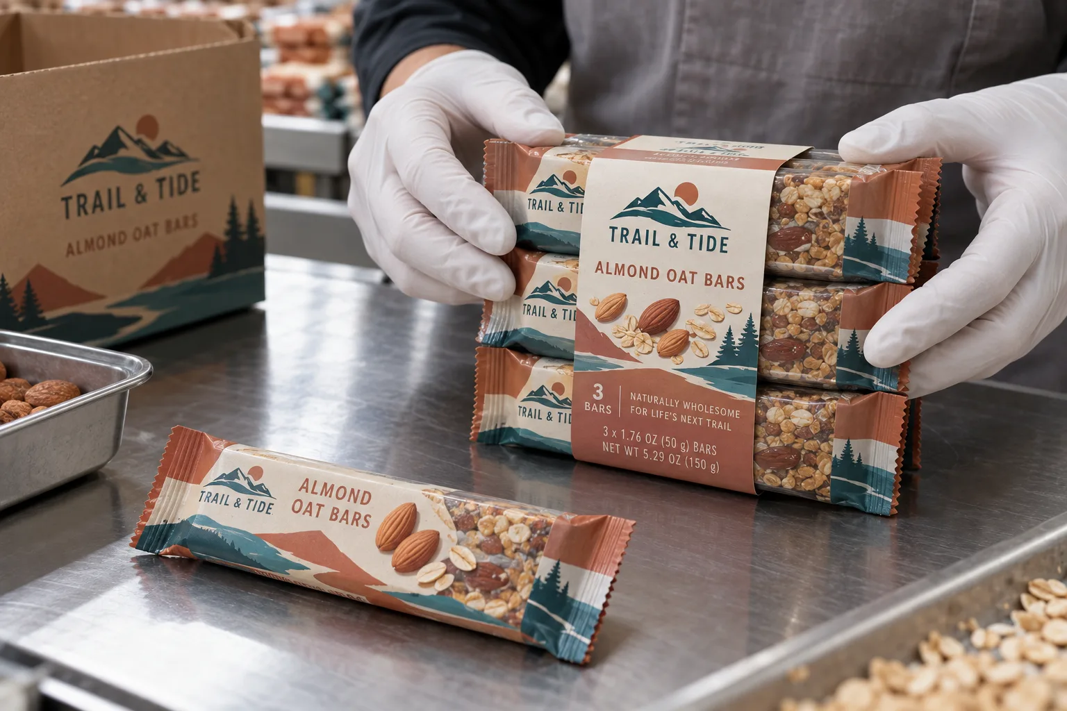 Original Trail and Tide almond oat bar wrappers grouped by a printed three-bar banderole on a packing bench
