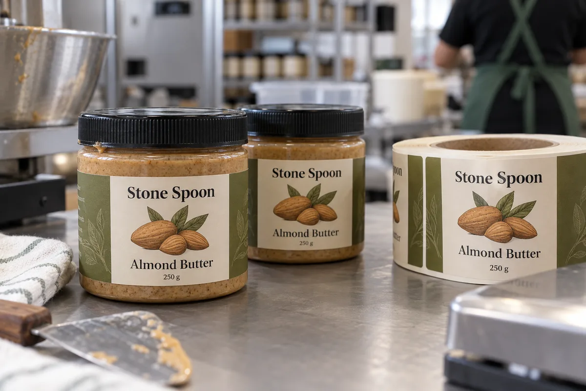 Fictional Stone Spoon almond butter jars with illustrated printed labels and matching label roll on a packing bench