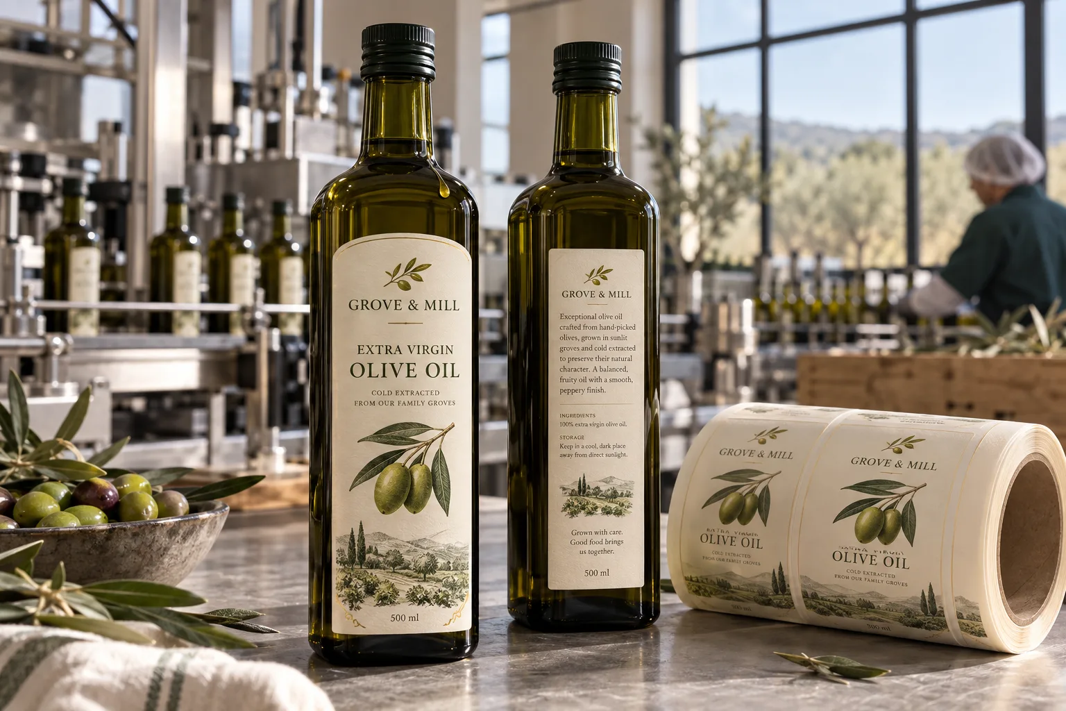 Fictional Grove and Mill extra virgin olive oil labels with original olive branch artwork on dark glass bottles beside a printed label roll
