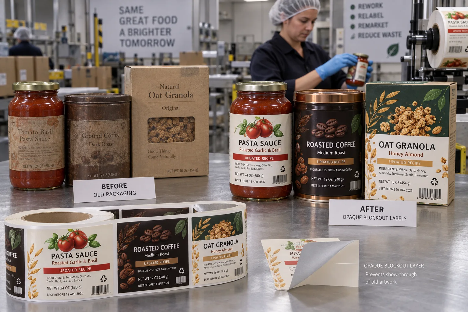Before-and-after packaging rework using fully designed opaque pasta sauce, coffee and granola blockout labels over old graphics and barcodes