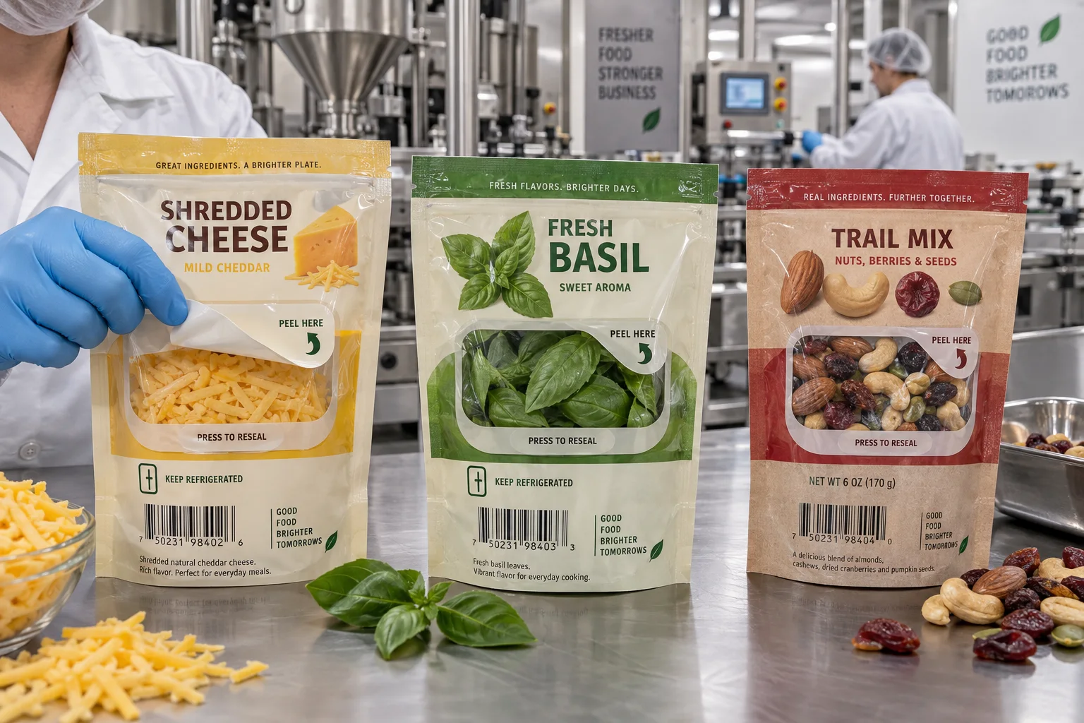 Complete shredded cheese, fresh basil and trail mix pouches using illustrated peel-and-reseal labels with open tabs and barcodes
