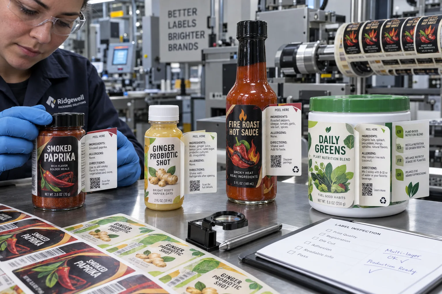 Complete spice, probiotic shot, hot sauce and greens packaging with open peel-and-reveal labels showing ingredients, directions, allergen copy and QR codes
