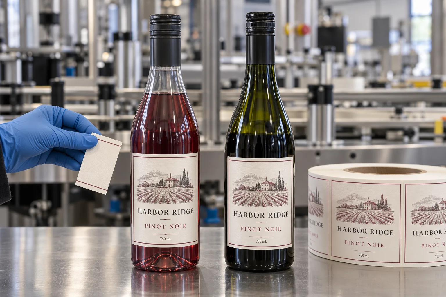 Illustrated Harbor Ridge Pinot Noir labels on one transparent PET wine bottle and one dark glass bottle at a factory proofing table