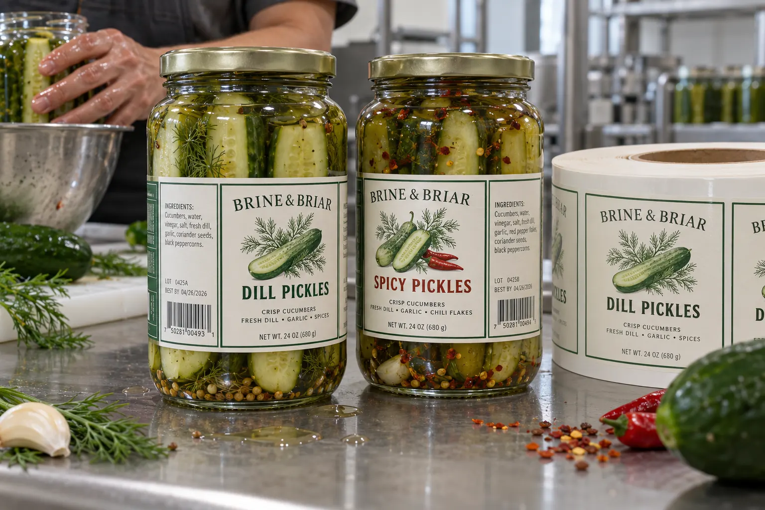 Fictional Brine and Briar dill and spicy pickle jars with cucumber artwork and matching printed labels on a roll